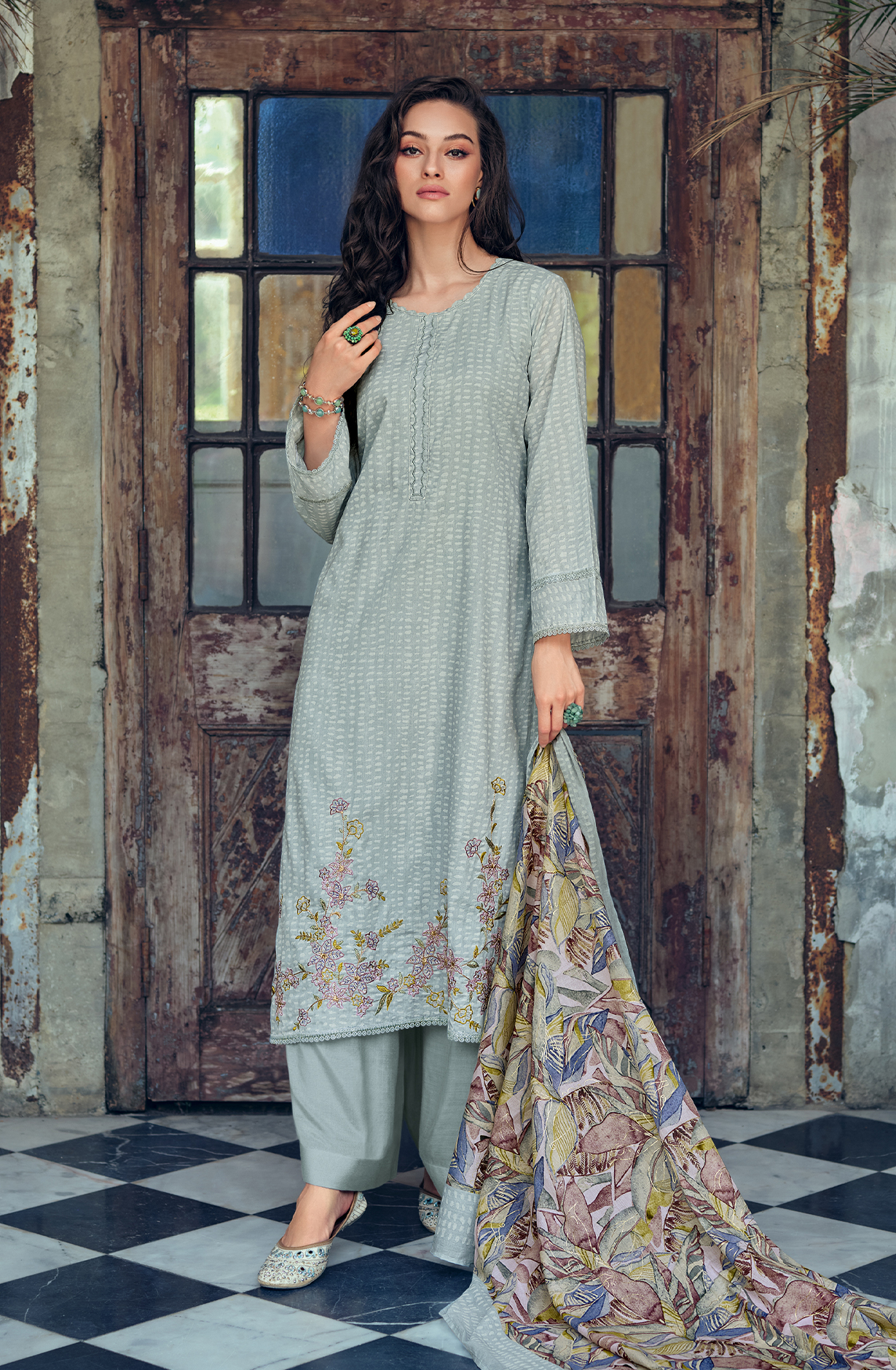 Sea Green Pure Cotton Printed Unstitched Salwar Suit with Embroidery Lace Work - ELAY01