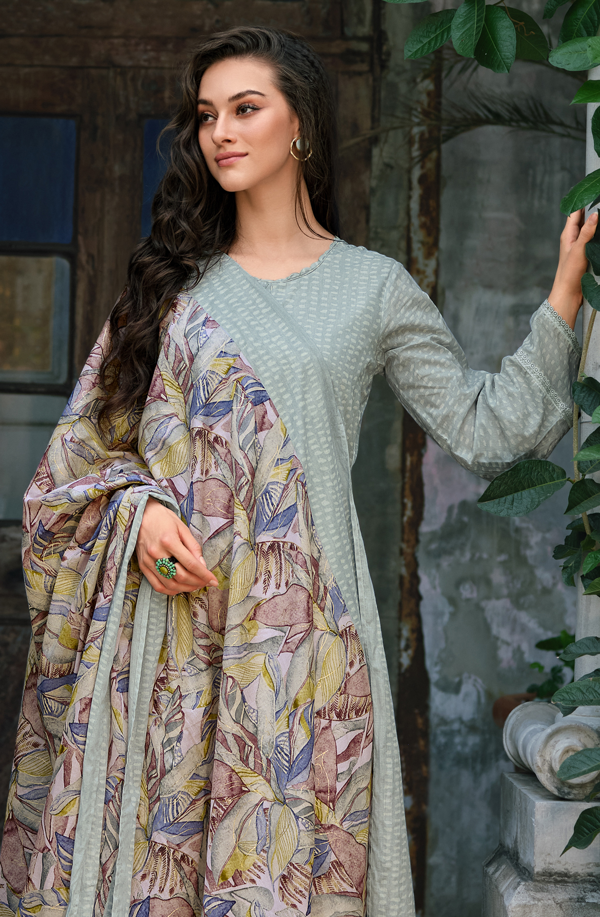 Sea Green Pure Cotton Printed Unstitched Salwar Suit with Embroidery Lace Work - ELAY01