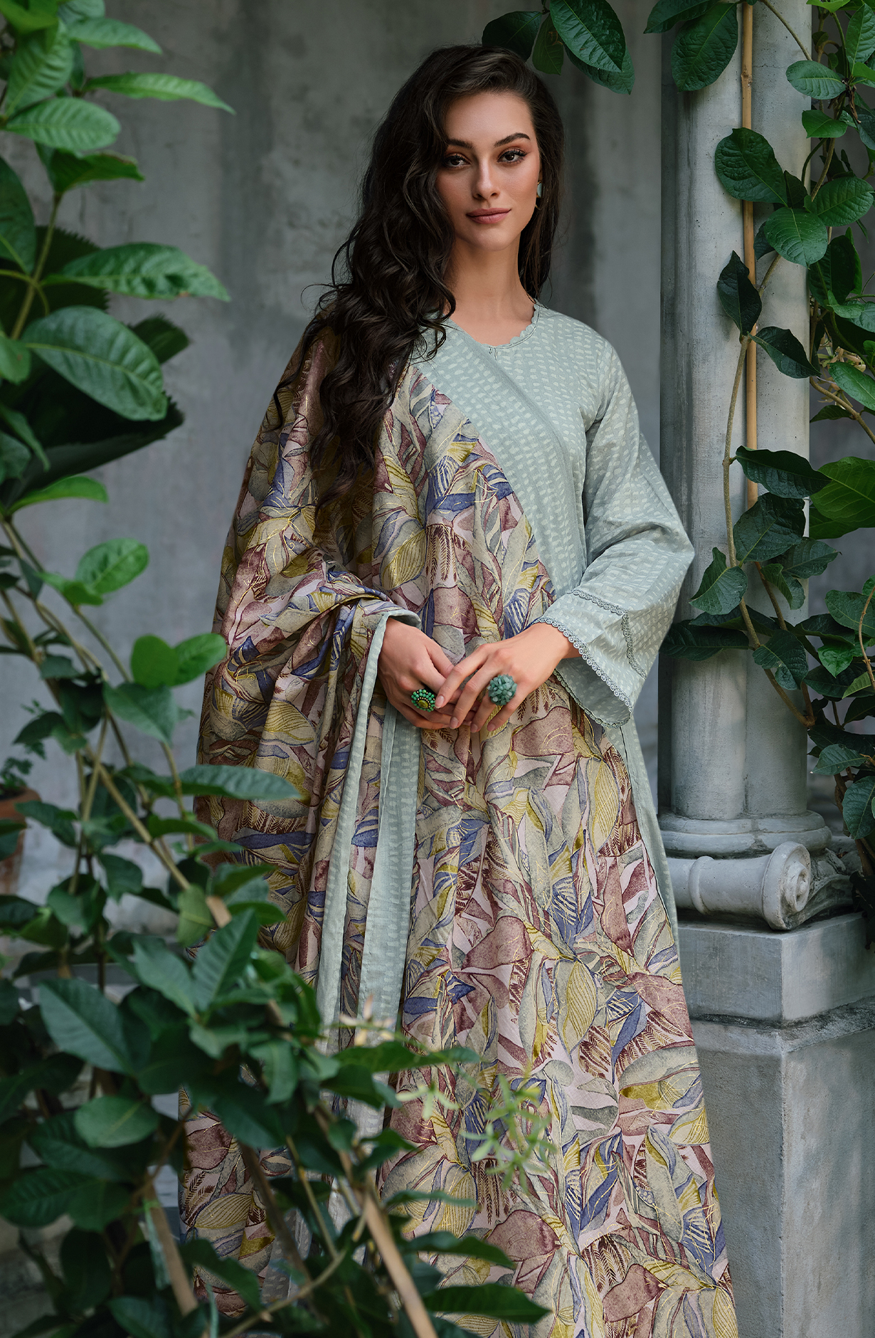 Sea Green Pure Cotton Printed Unstitched Salwar Suit with Embroidery Lace Work - ELAY01