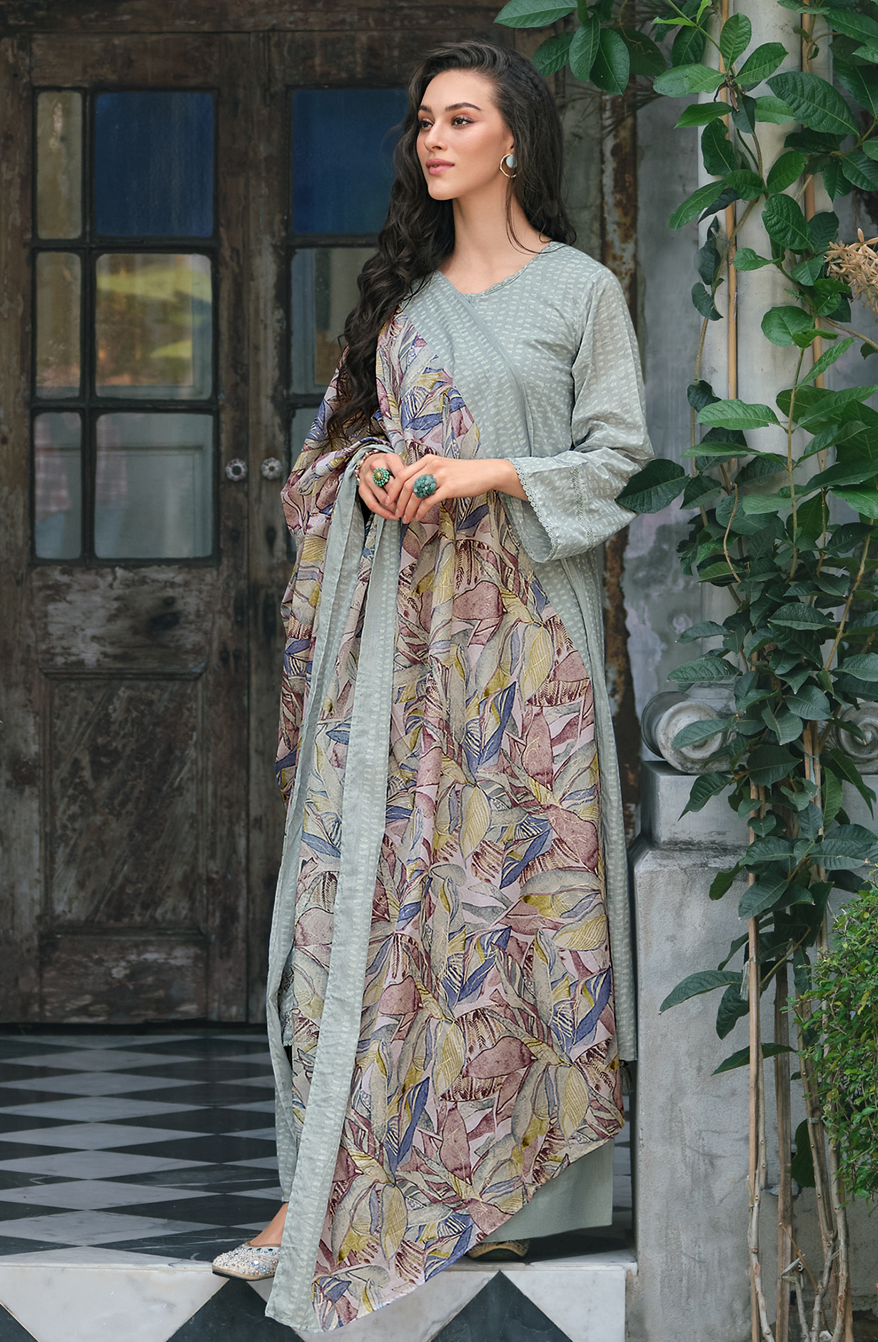 Sea Green Pure Cotton Printed Unstitched Salwar Suit with Embroidery Lace Work - ELAY01