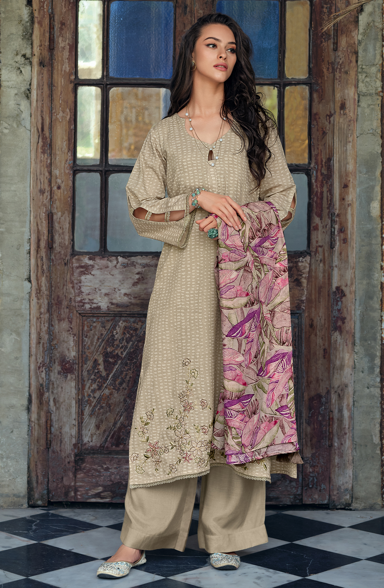 Beige Pure Cotton Printed Unstitched Salwar Suit with Embroidery Lace Work - ELAY02