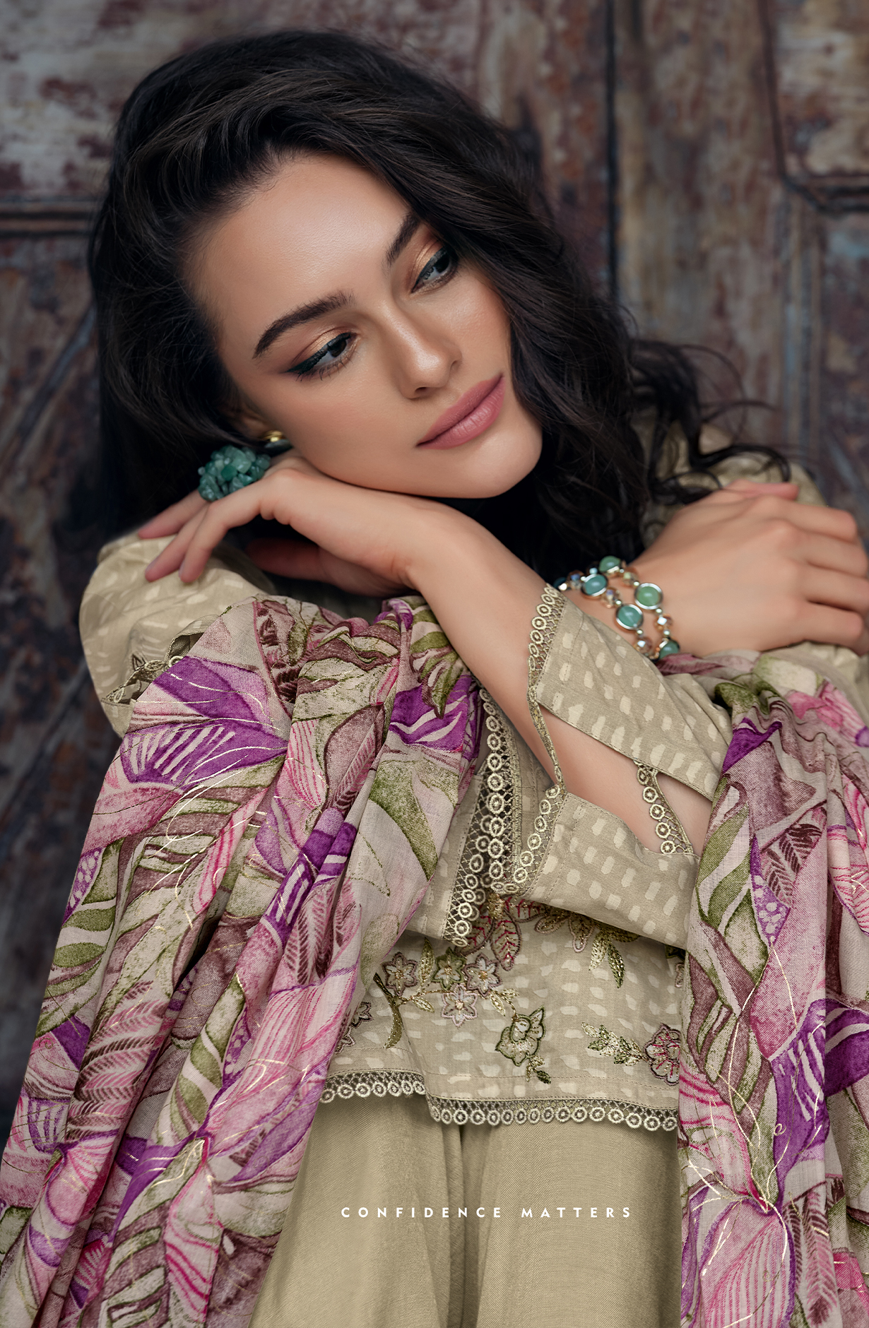 Beige Pure Cotton Printed Unstitched Salwar Suit with Embroidery Lace Work - ELAY02