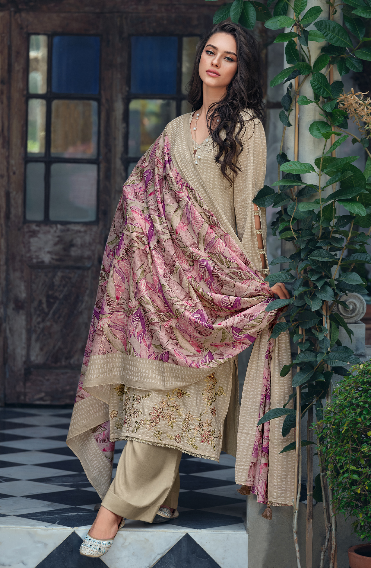 Beige Pure Cotton Printed Unstitched Salwar Suit with Embroidery Lace Work - ELAY02