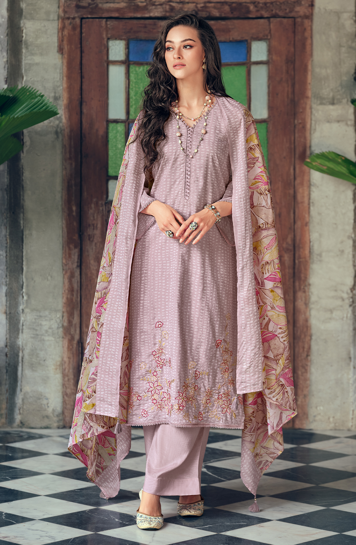 Grey Pure Cotton Printed Unstitched Salwar Suit with Embroidery Lace Work - ELAY03