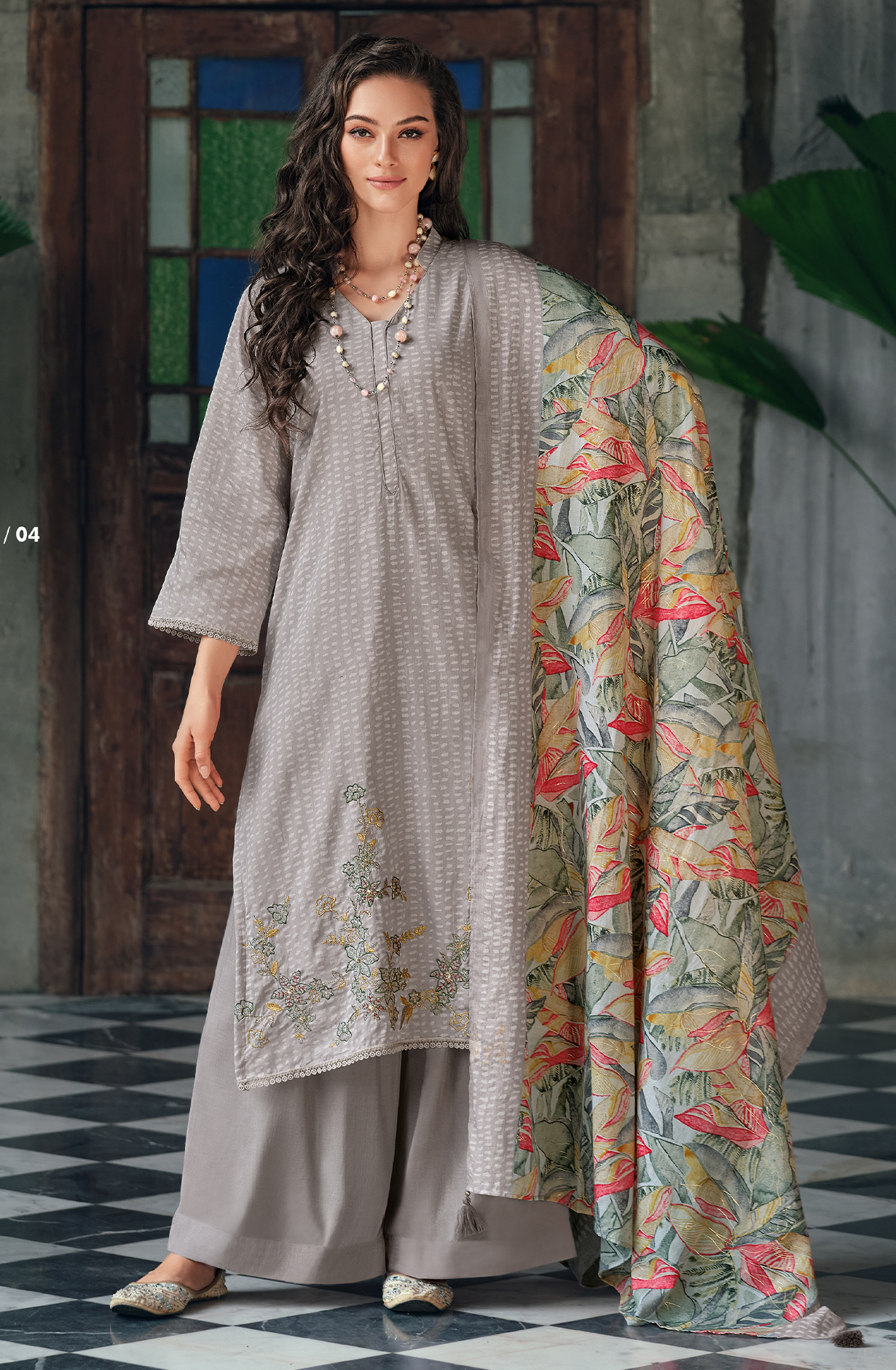 Grey Pure Cotton Printed Unstitched Salwar Suit with Embroidery Lace Work - ELAY04
