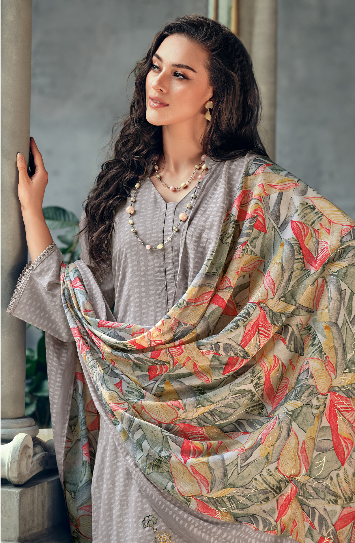 Grey Pure Cotton Printed Unstitched Salwar Suit with Embroidery Lace Work - ELAY04