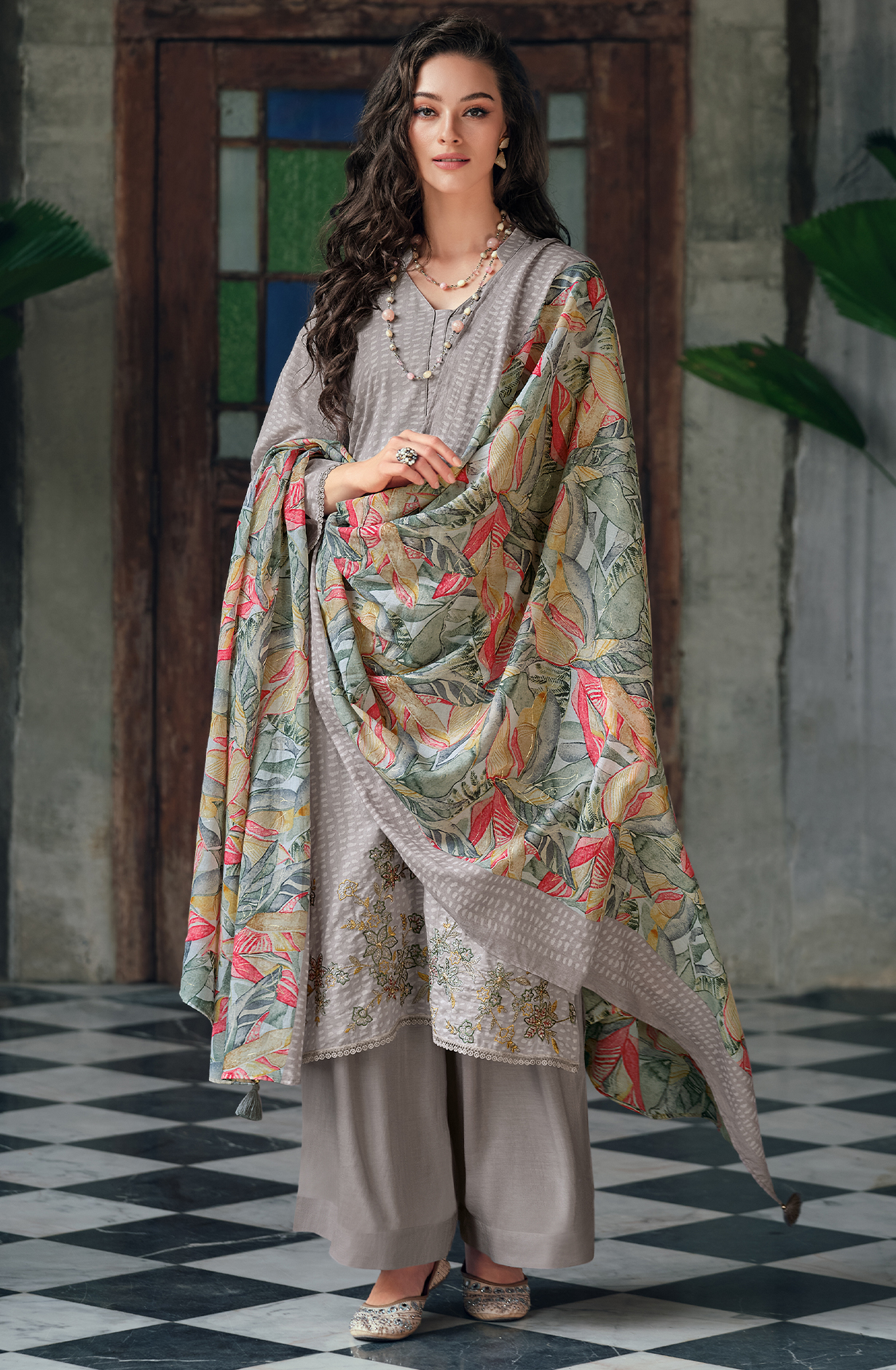 Grey Pure Cotton Printed Unstitched Salwar Suit with Embroidery Lace Work - ELAY04
