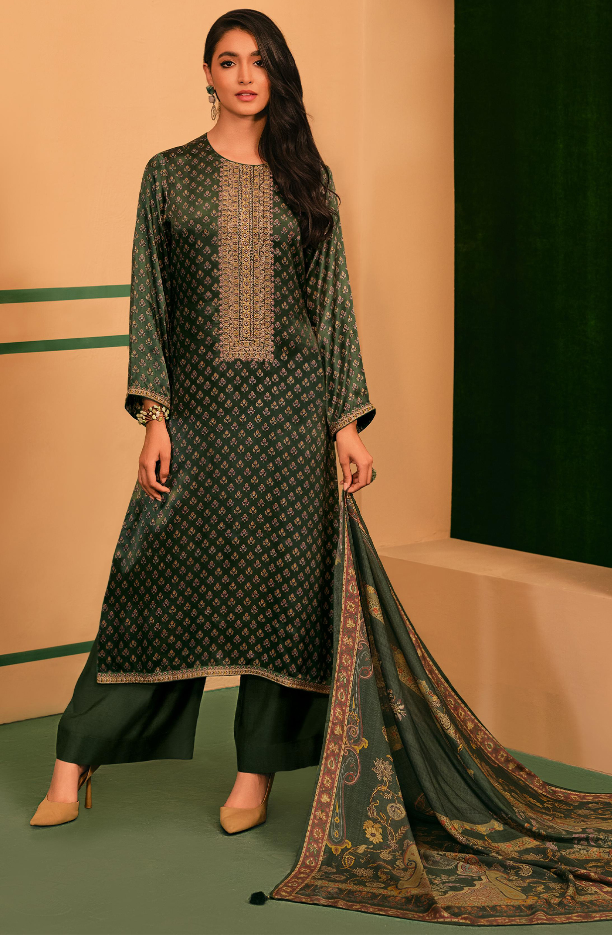 Modal Satin Printed and Embroidery Suit-Set - ELEEL01