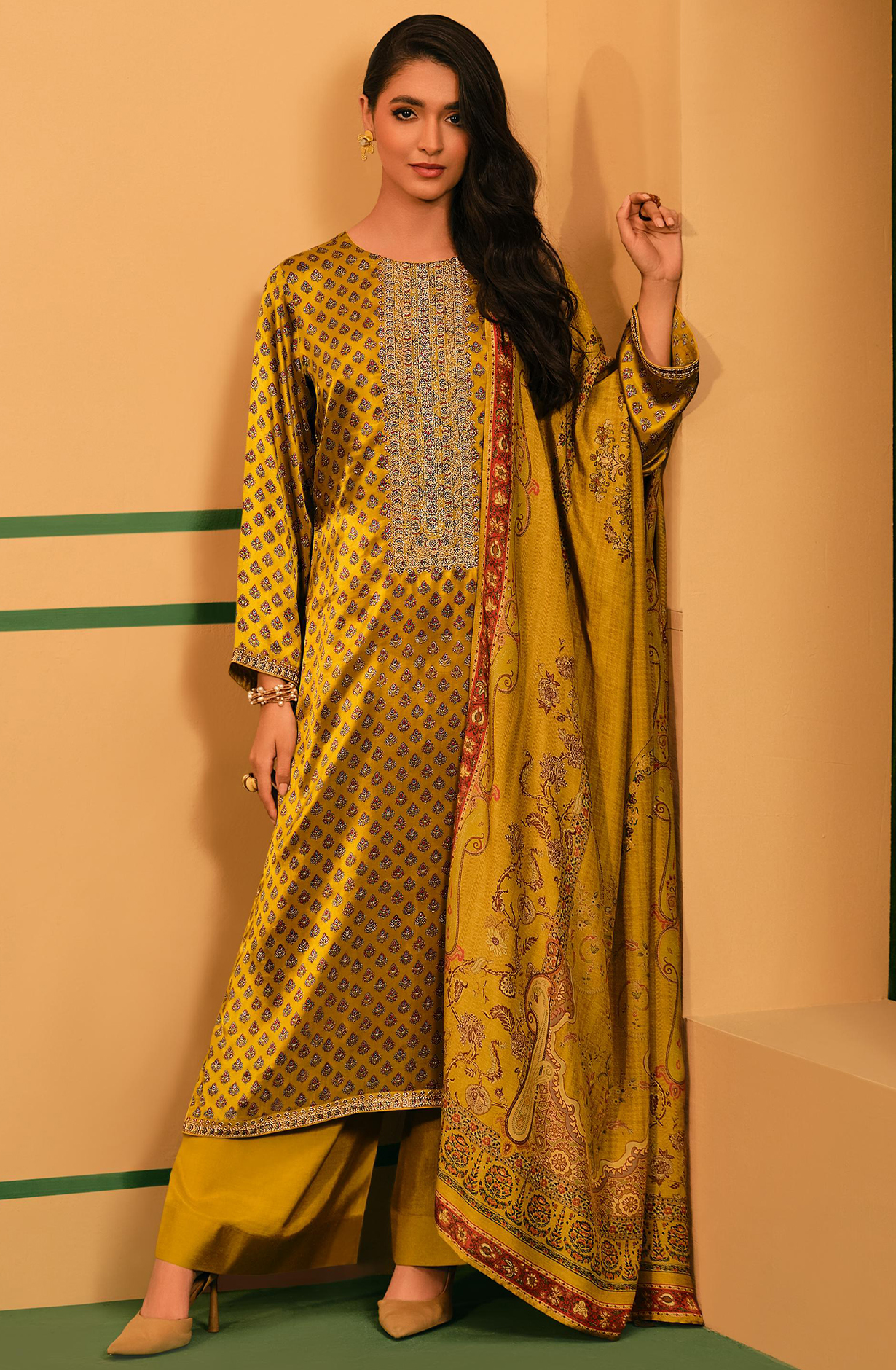 Modal Satin Printed and Embroidery Suit-Set - ELEEL02