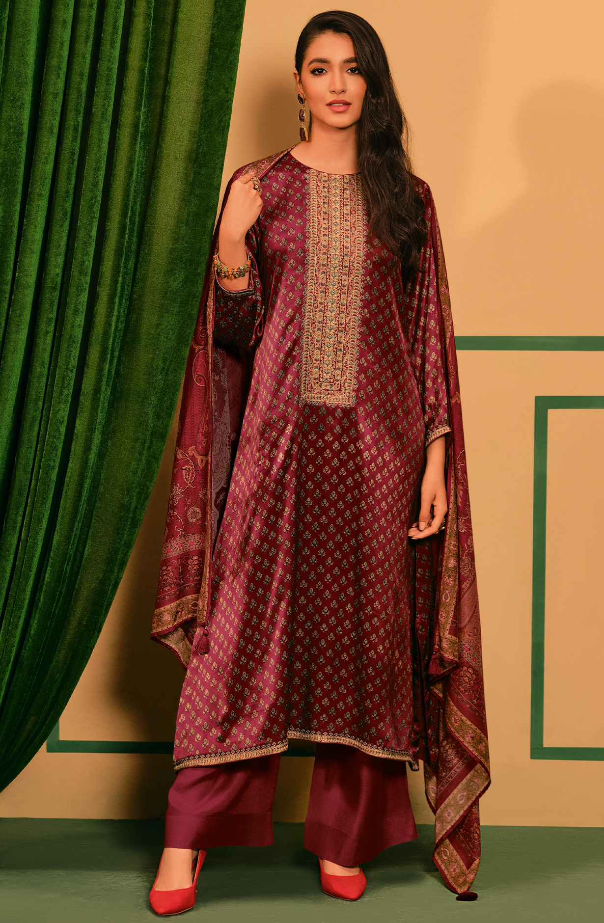 Modal Satin Printed and Embroidery Suit-Set - ELEEL03