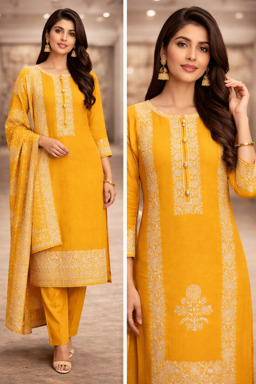 Mustard cotton block print Unstitched Suit Set with Dupatta - 131-KE1701