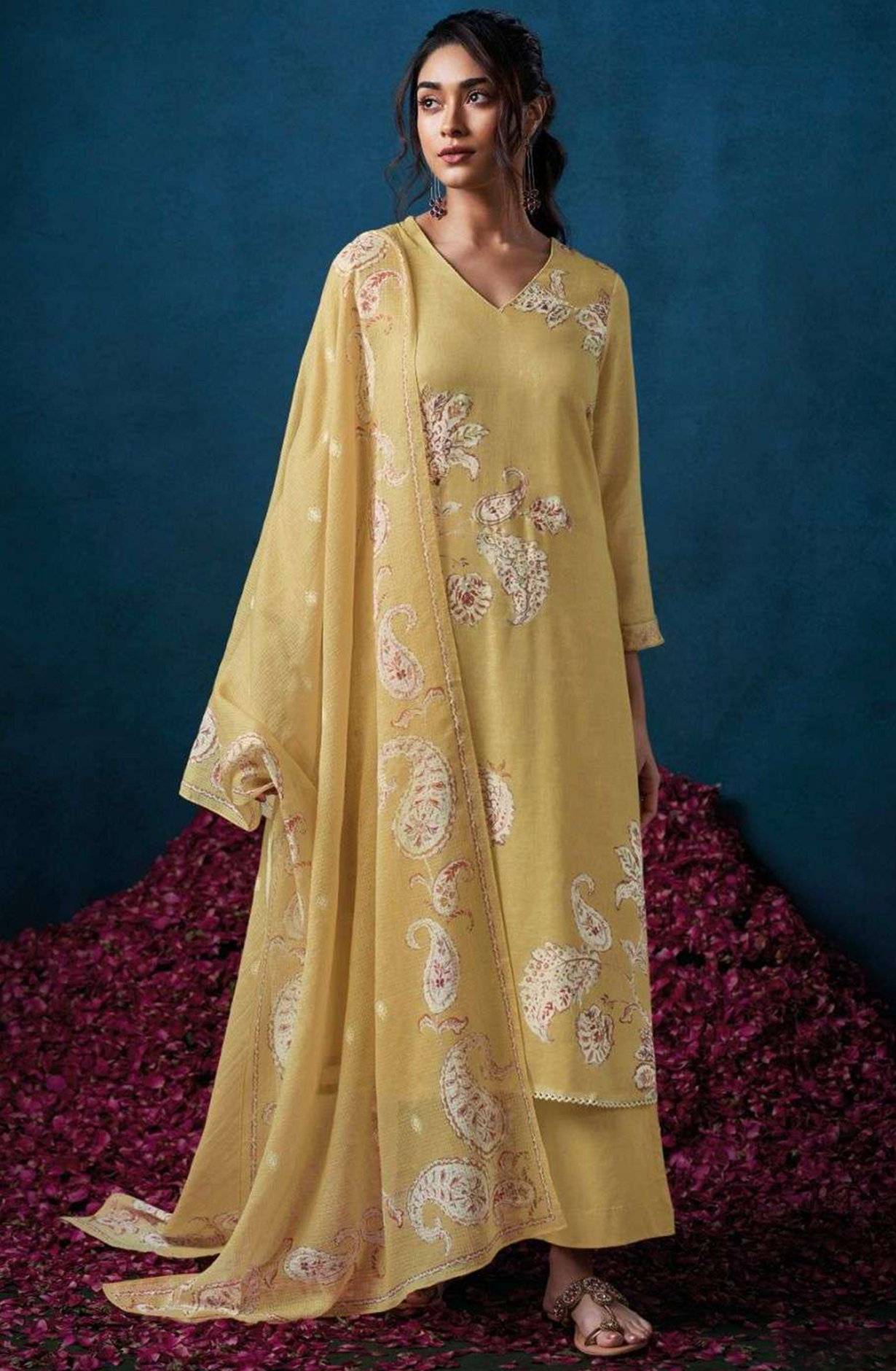 Mustard Cotton Linen Suit Set with Kota Dupatta  - ELES3506A