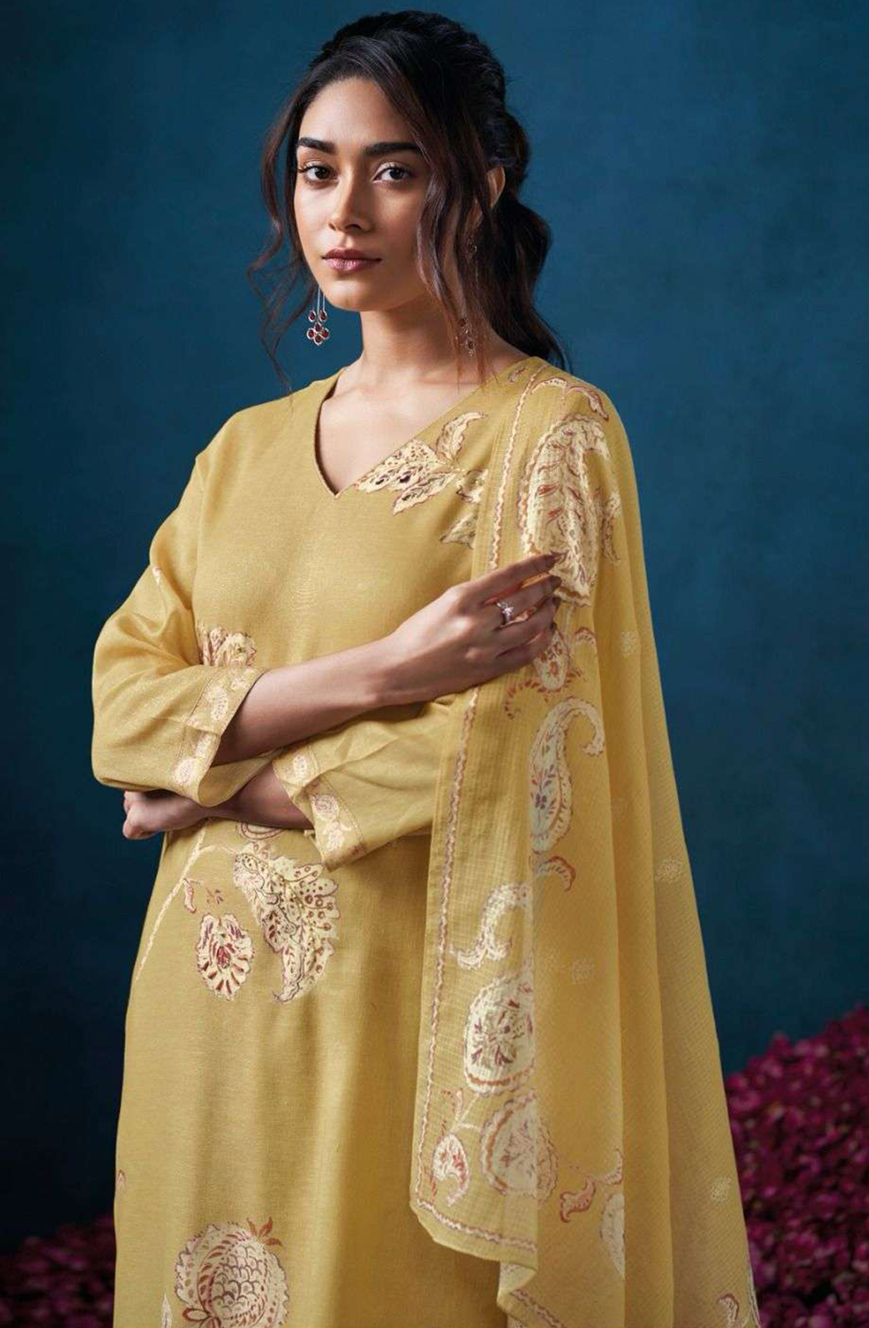 Mustard Cotton Linen Suit Set with Kota Dupatta  - ELES3506A