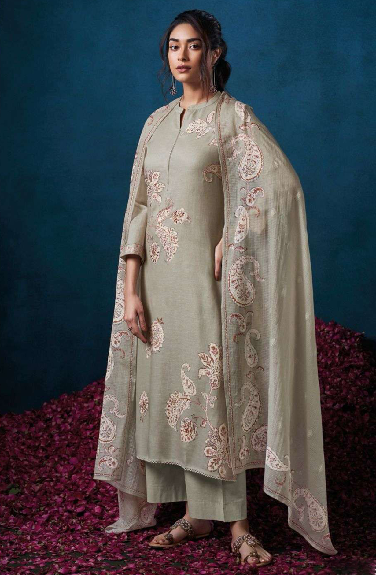 Grey Cotton Linen Suit Set with Kota Dupatta  - ELES3506B