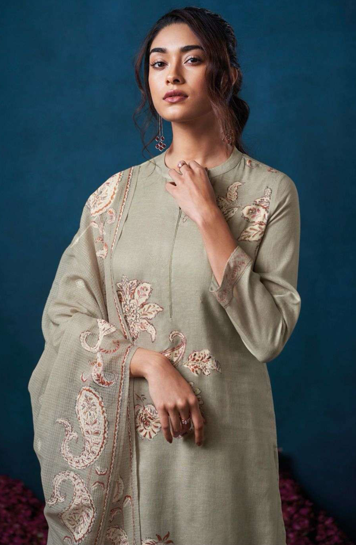 Grey Cotton Linen Suit Set with Kota Dupatta  - ELES3506B