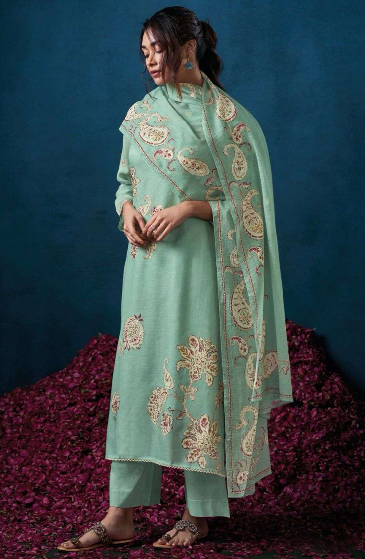 Firozee Cotton Linen Suit Set with Kota Dupatta  - ELES3506D