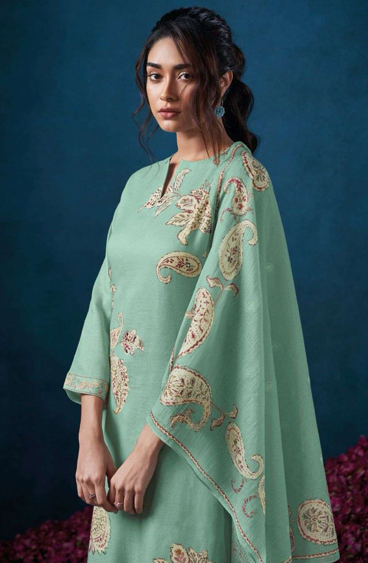 Firozee Cotton Linen Suit Set with Kota Dupatta  - ELES3506D