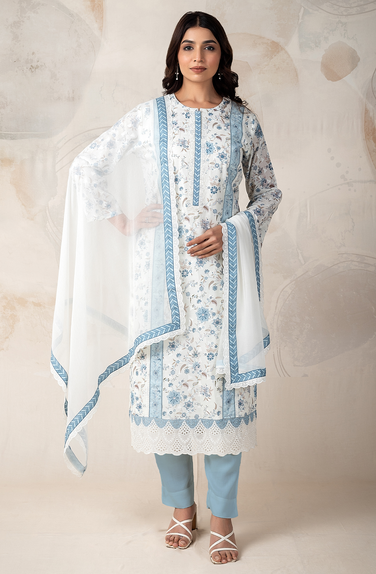 Pastel Blue and Cream Unstitched Salwar Suit with Chiffon Dupatta - ELO2154A