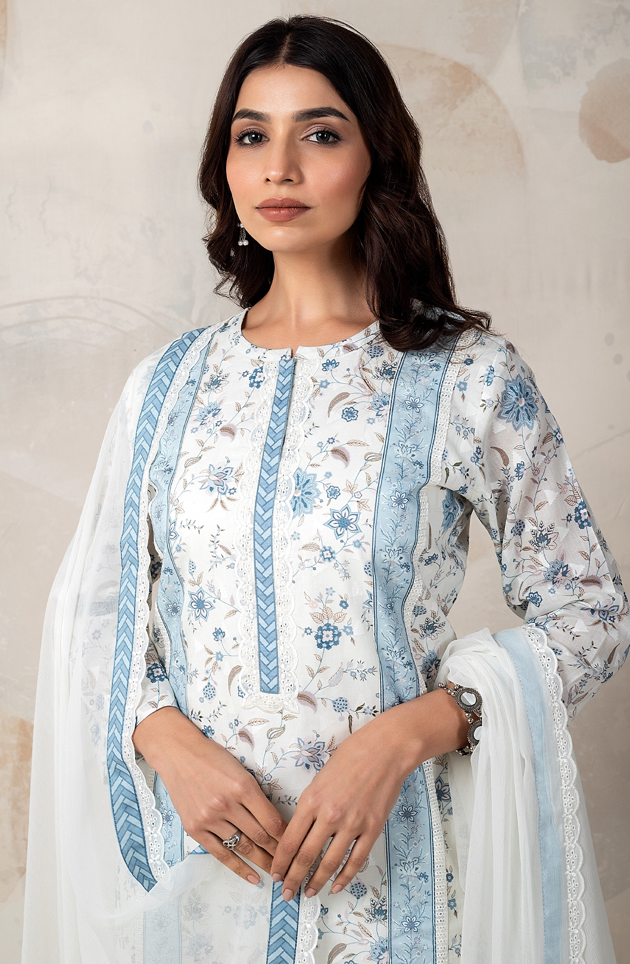 Pastel Blue and Cream Unstitched Salwar Suit with Chiffon Dupatta - ELO2154A