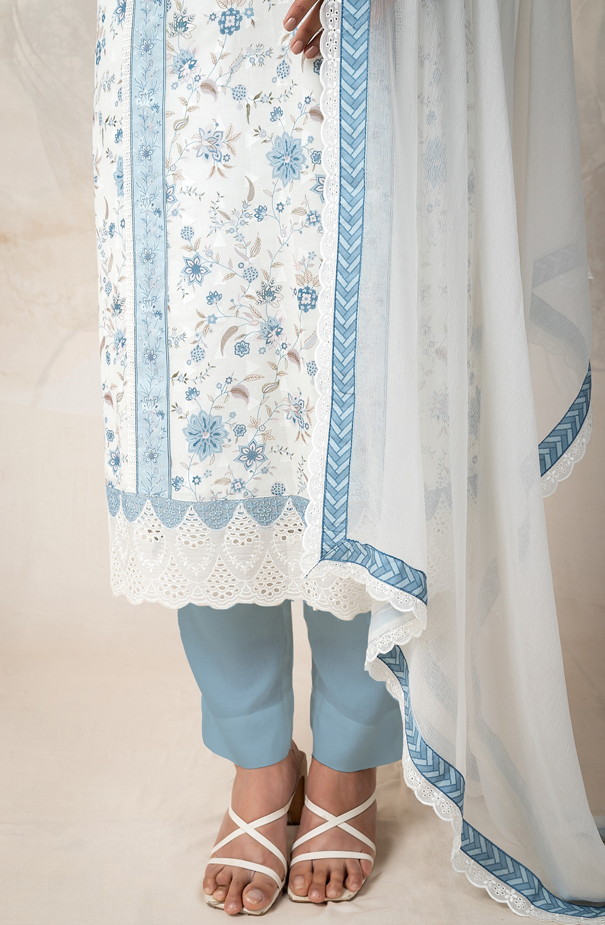 Pastel Blue and Cream Unstitched Salwar Suit with Chiffon Dupatta - ELO2154A