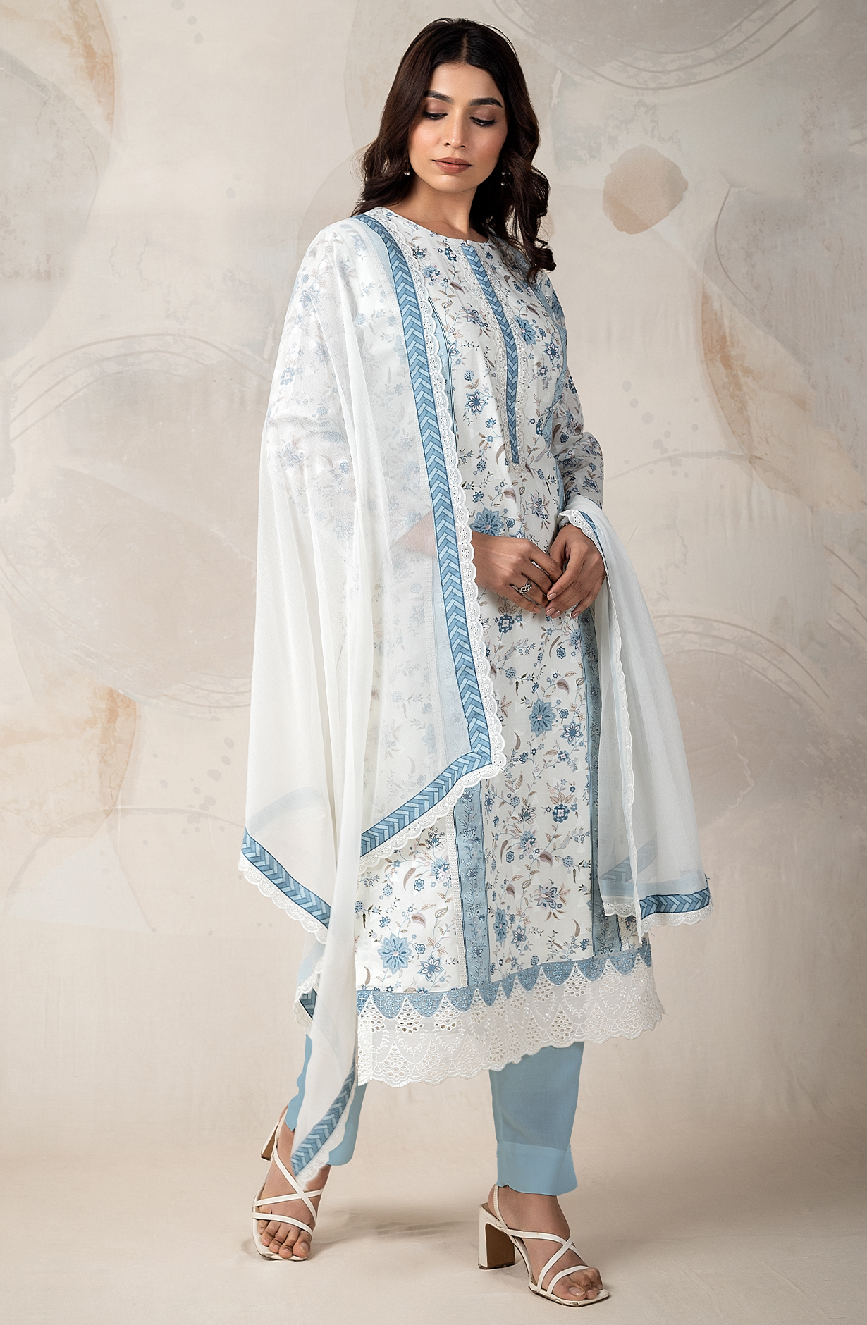 Pastel Blue and Cream Unstitched Salwar Suit with Chiffon Dupatta - ELO2154A