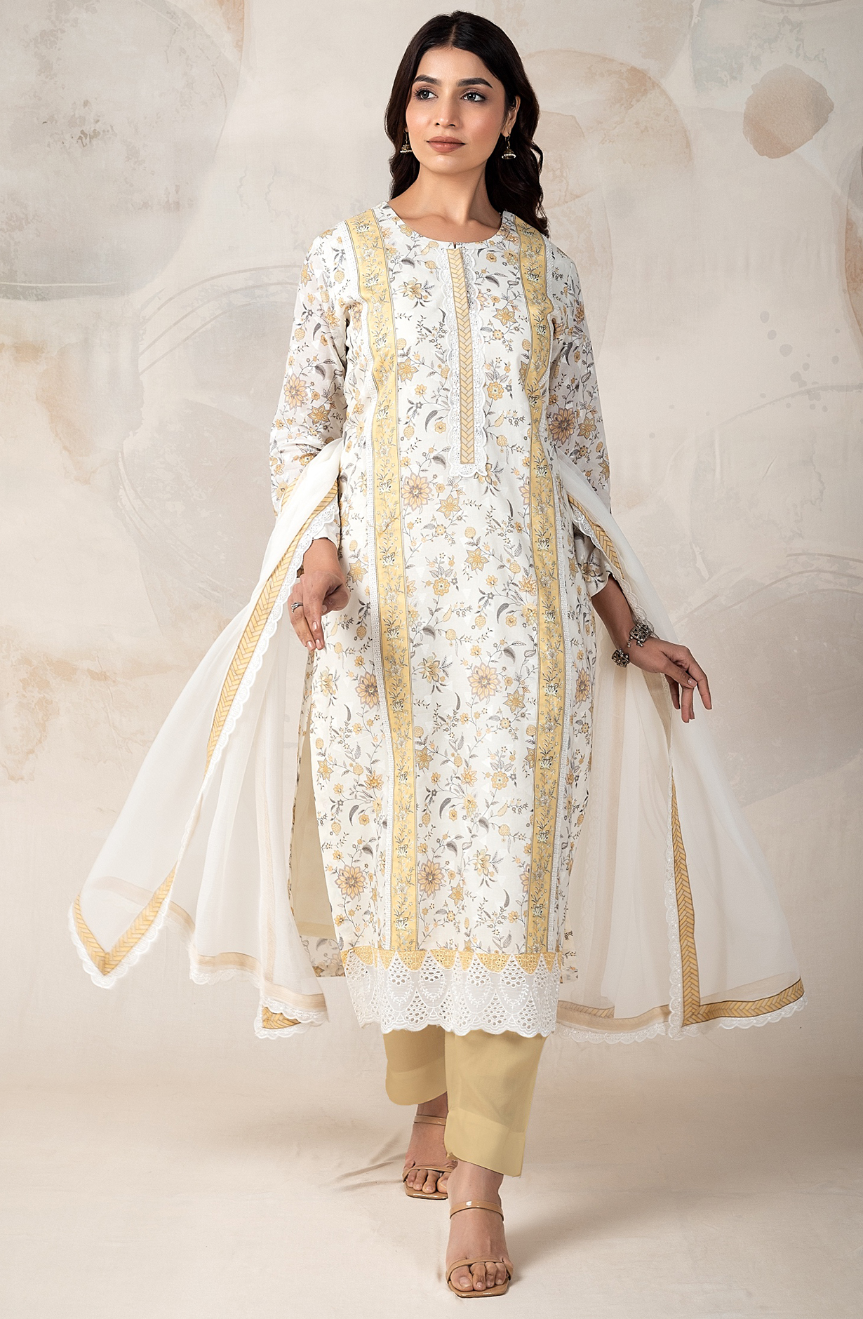 Mustard and Cream Unstitched Salwar Suit with Chiffon Dupatta - ELO2154C