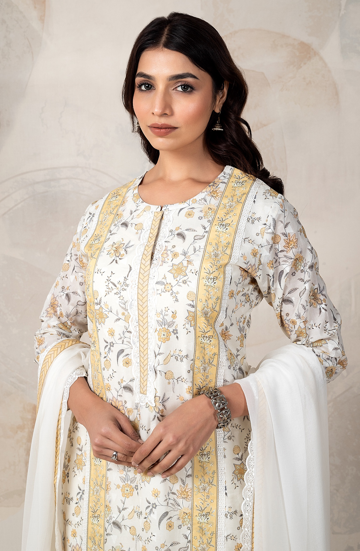 Mustard and Cream Unstitched Salwar Suit with Chiffon Dupatta - ELO2154C