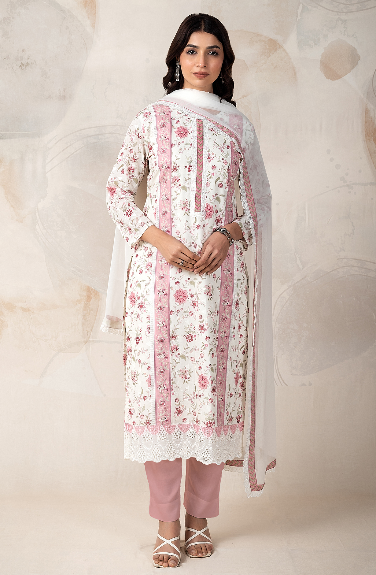 Pink and Cream Unstitched Salwar Suit with Chiffon Dupatta - ELO2154B
