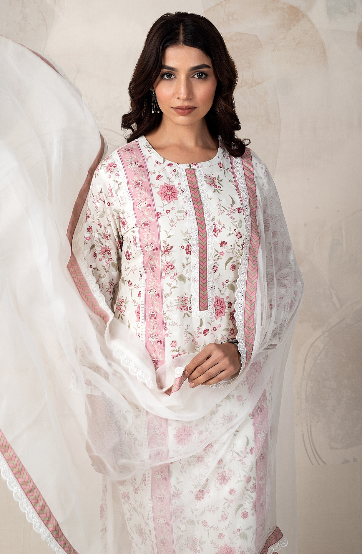 Pink and Cream Unstitched Salwar Suit with Chiffon Dupatta - ELO2154B