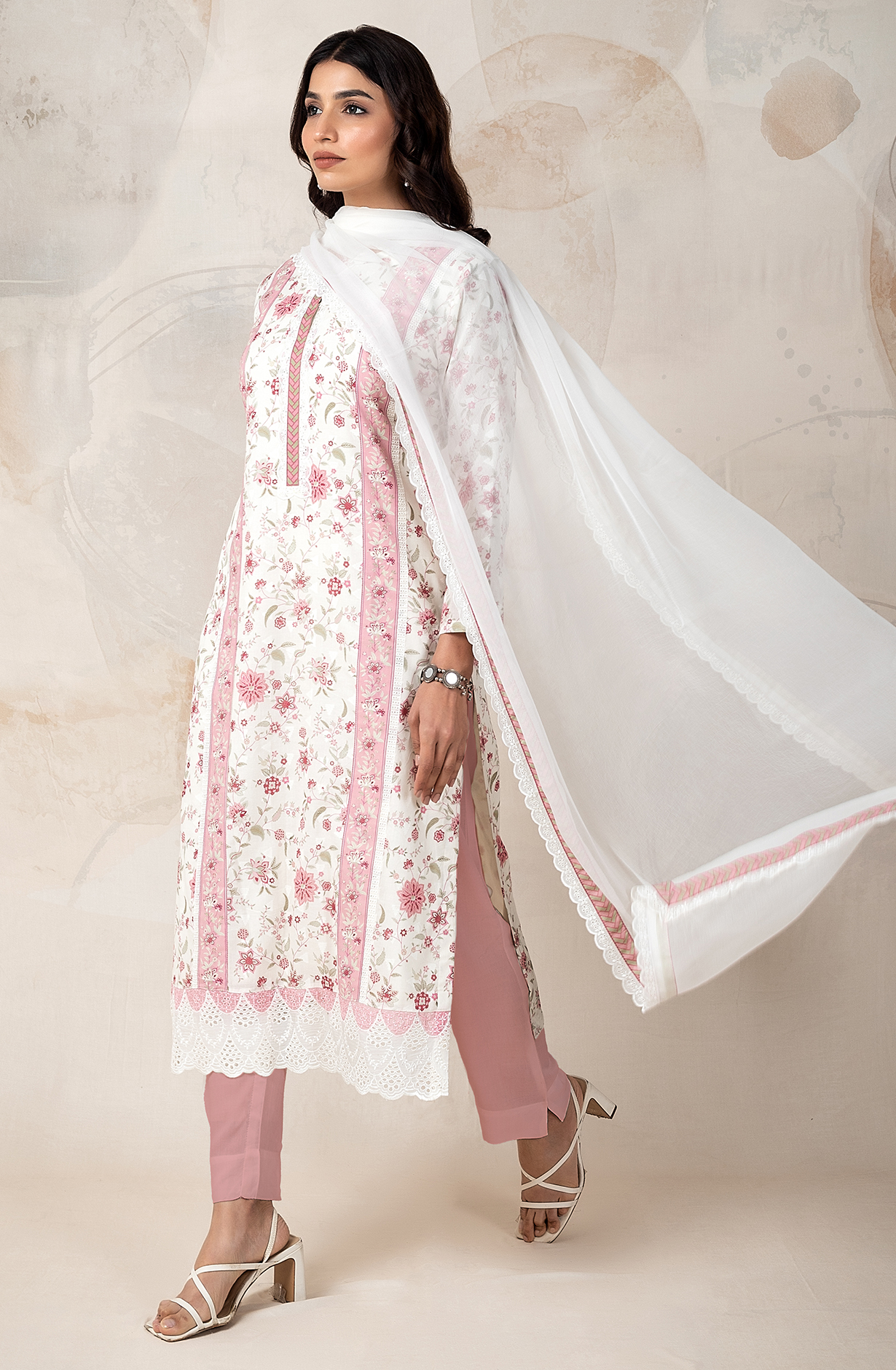 Pink and Cream Unstitched Salwar Suit with Chiffon Dupatta - ELO2154B