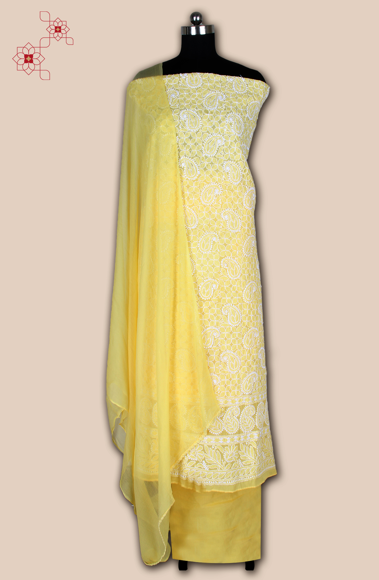 Yellow Cotton Beautiful Chikankari Embroidered Suit with Chiffon Dupatta - EMBCOT1040-2A
