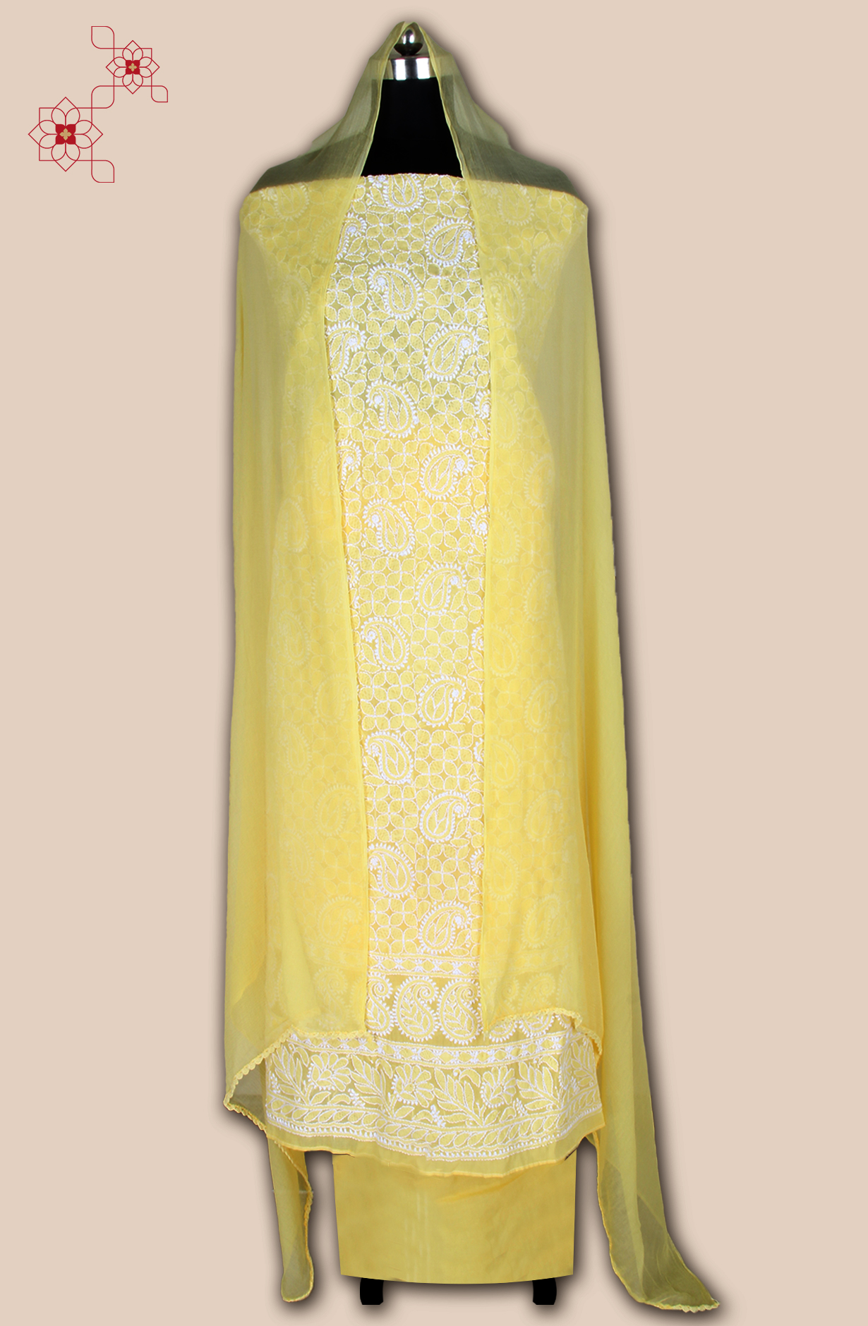 Yellow Cotton Beautiful Chikankari Embroidered Suit with Chiffon Dupatta - EMBCOT1040-2A