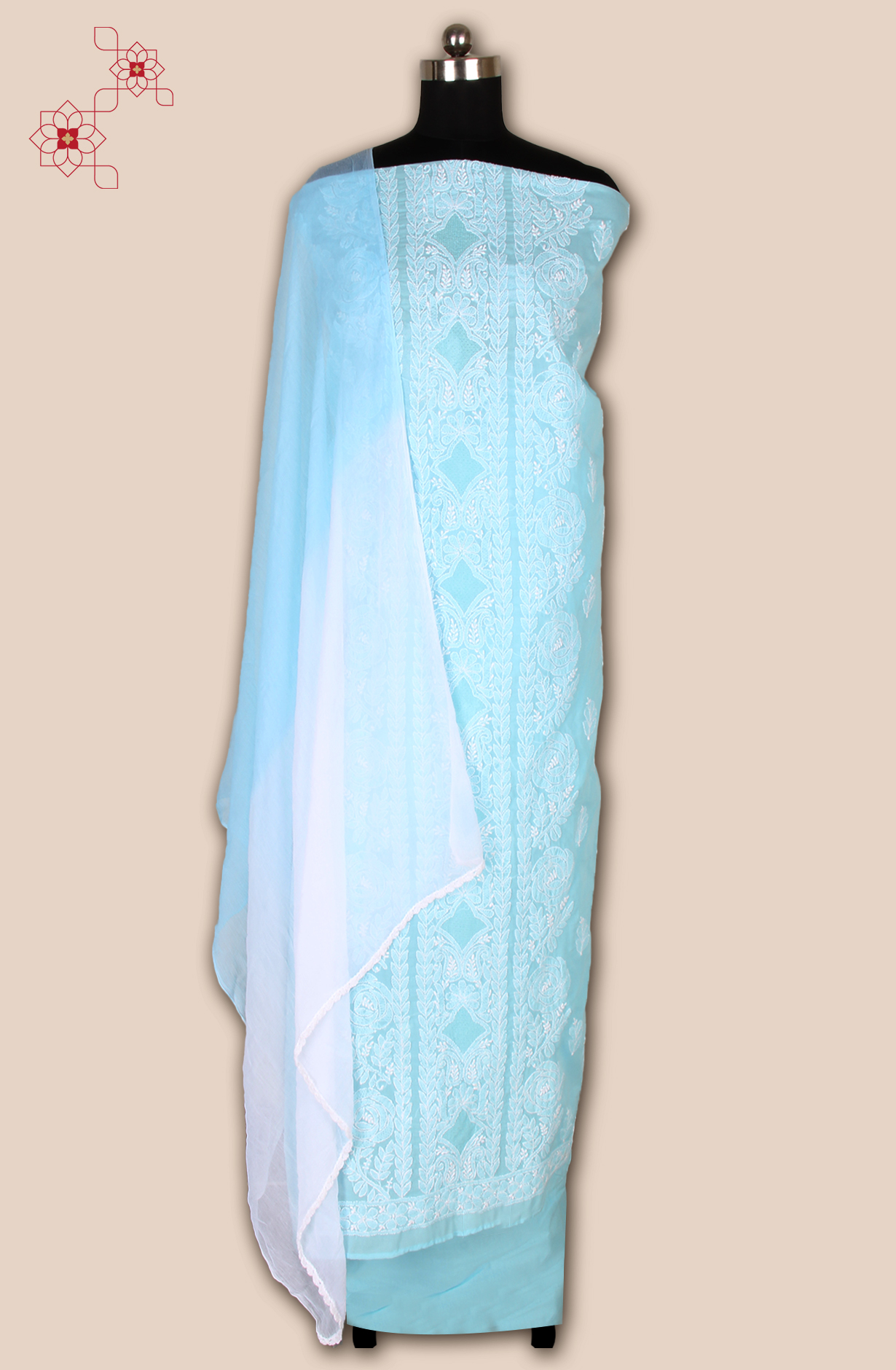 Pastel Blue Cotton Beautiful Chikankari Embroidered Suit with Chiffon Dupatta - EMBCOT1043-1A