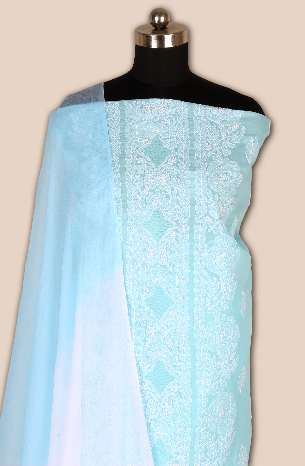 Pastel Blue Cotton Beautiful Chikankari Embroidered Suit with Chiffon Dupatta - EMBCOT1043-1A