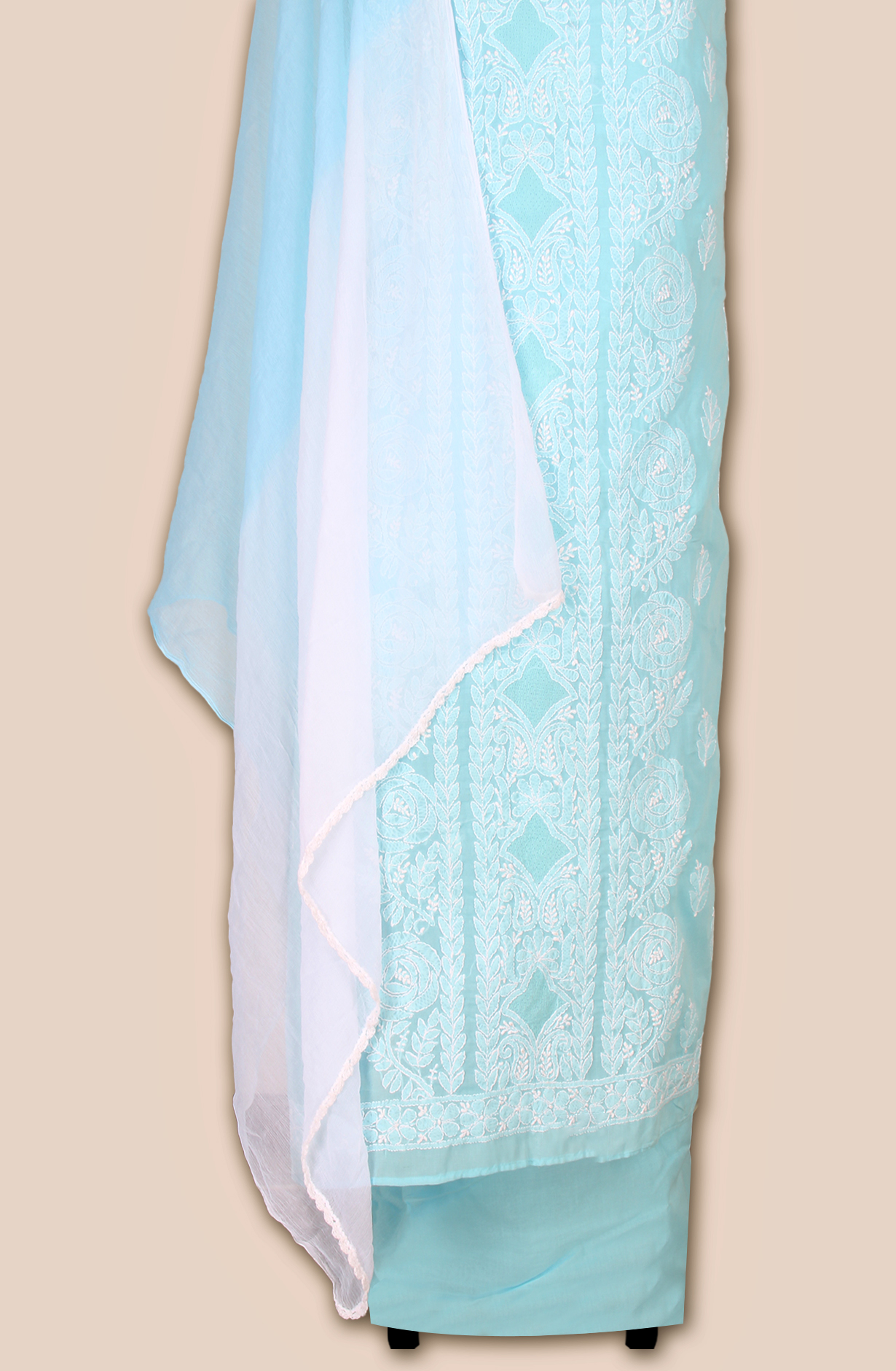 Pastel Blue Cotton Beautiful Chikankari Embroidered Suit with Chiffon Dupatta - EMBCOT1043-1A