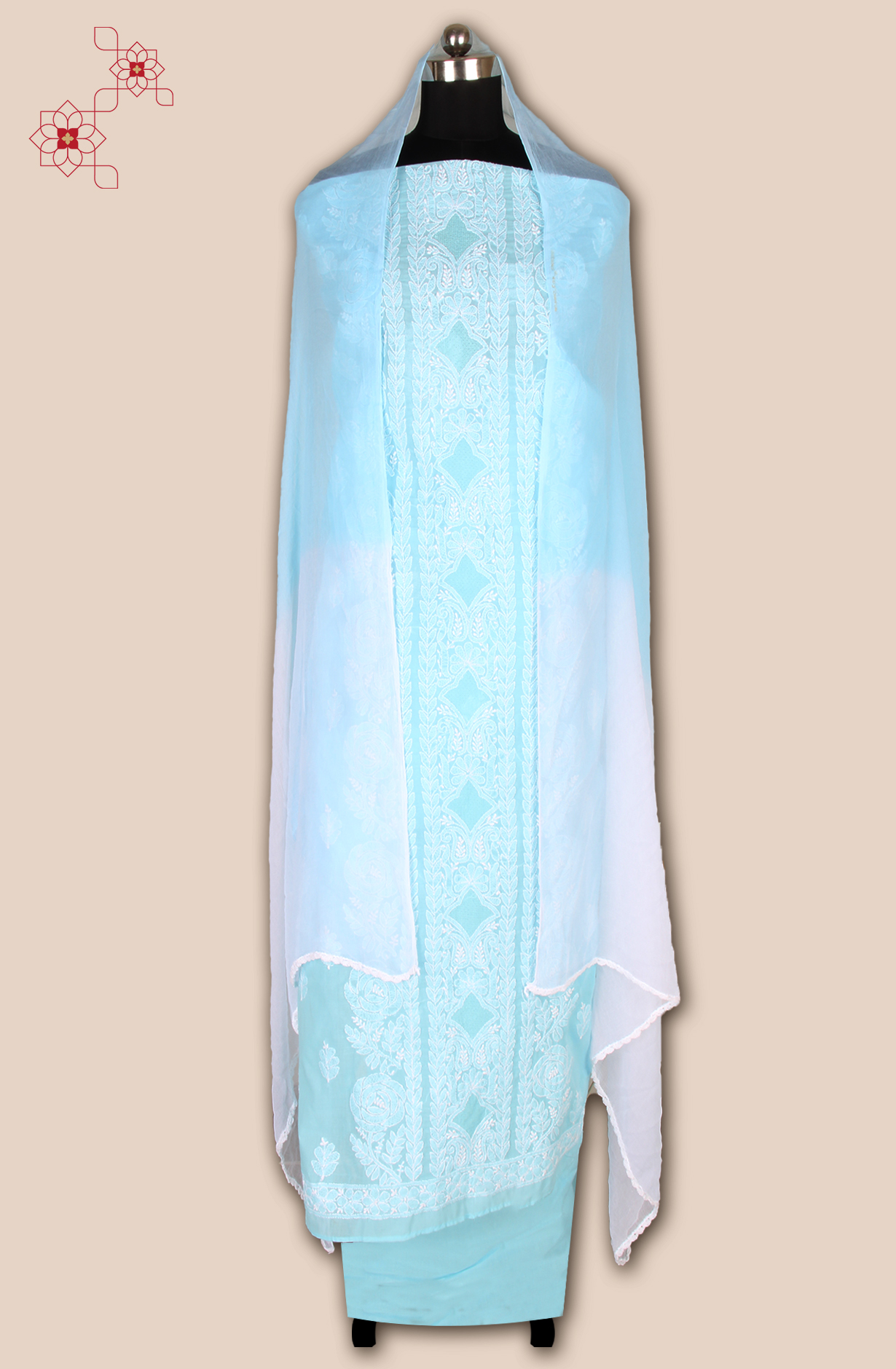 Pastel Blue Cotton Beautiful Chikankari Embroidered Suit with Chiffon Dupatta - EMBCOT1043-1A