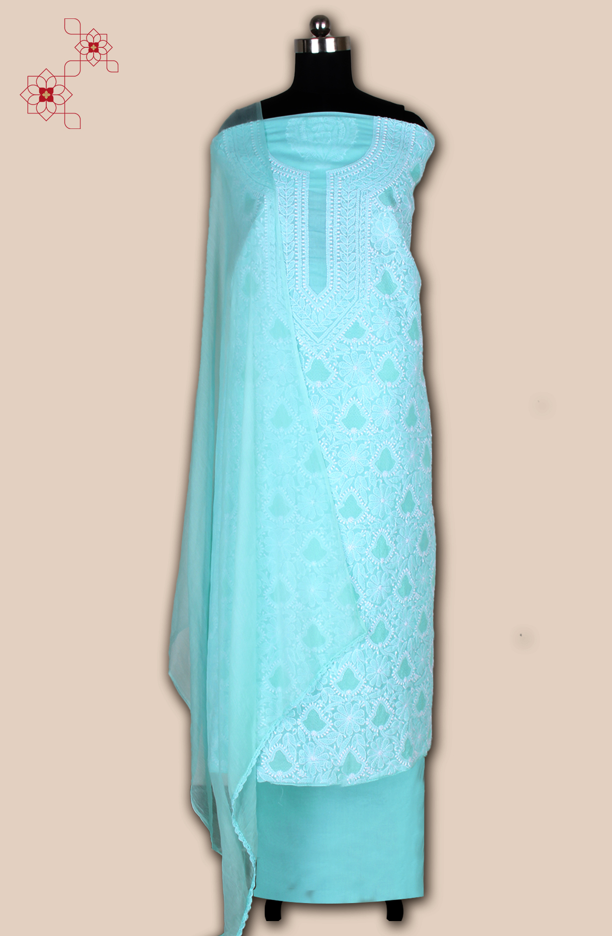 Sea Green Pure Cotton Beautiful Chikankari Embroidered Suit with Chiffon Dupatta - EMBCOT1045D-1A