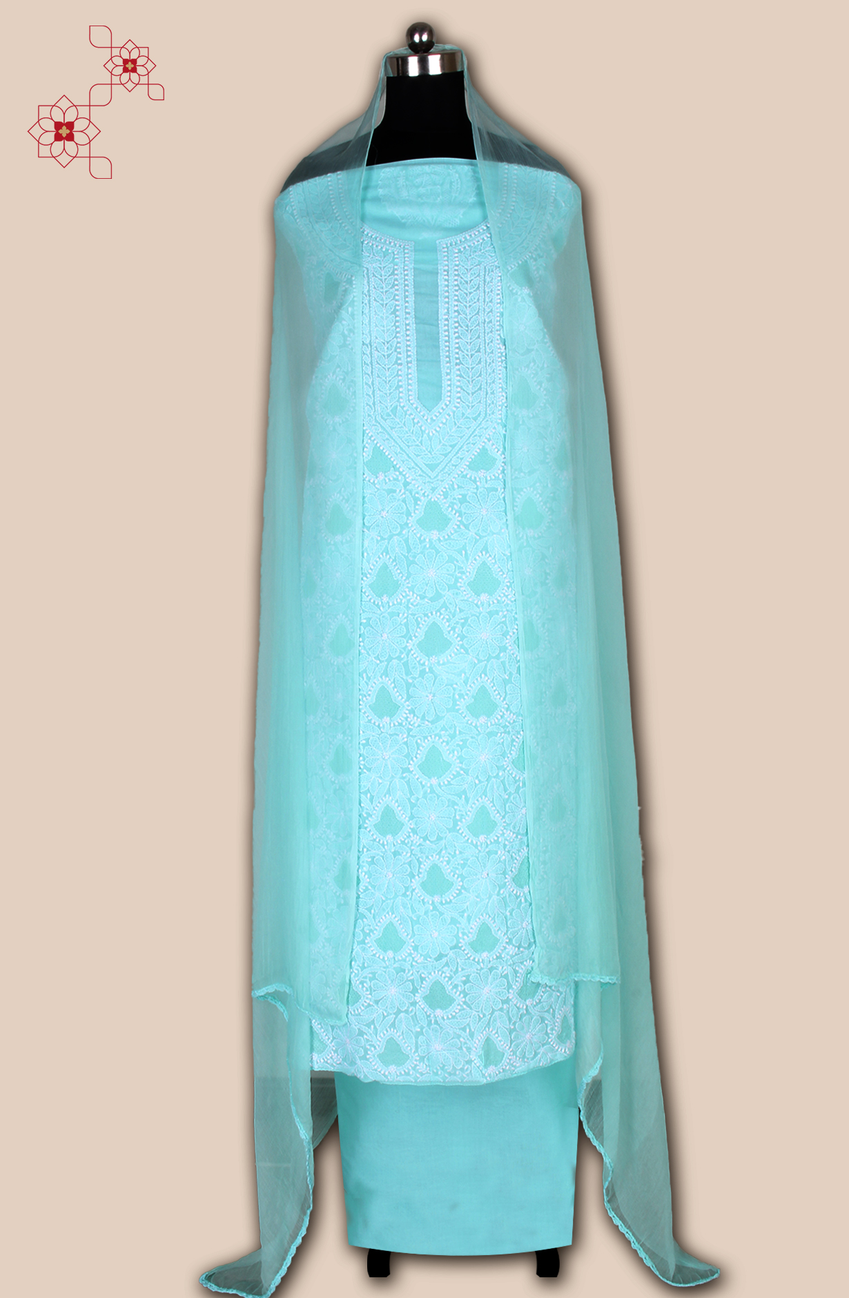 Sea Green Pure Cotton Beautiful Chikankari Embroidered Suit with Chiffon Dupatta - EMBCOT1045D-1A