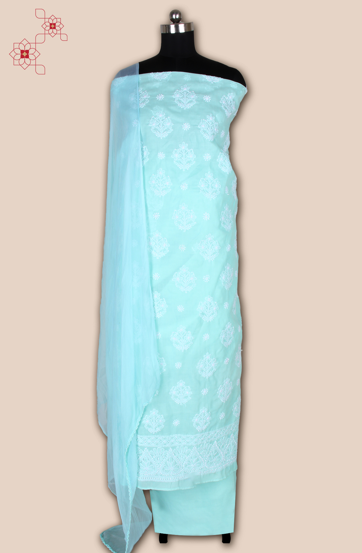 Sea Green Cotton Beautiful Chikankari Embroidered Suit with Chiffon Dupatta - EMBCOT1046D