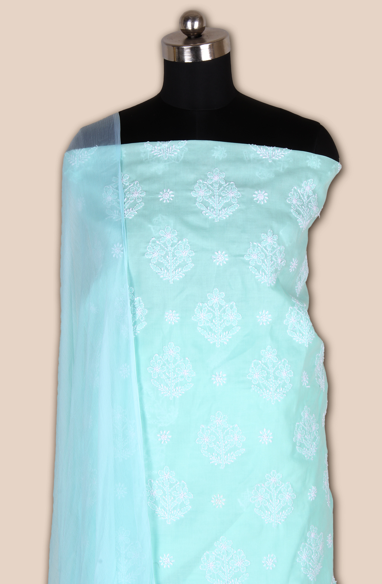 Sea Green Cotton Beautiful Chikankari Embroidered Suit with Chiffon Dupatta - EMBCOT1046D
