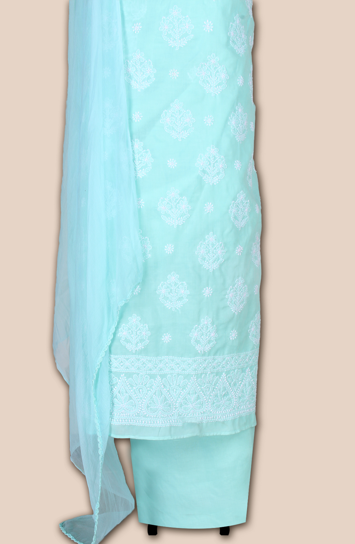 Sea Green Cotton Beautiful Chikankari Embroidered Suit with Chiffon Dupatta - EMBCOT1046D