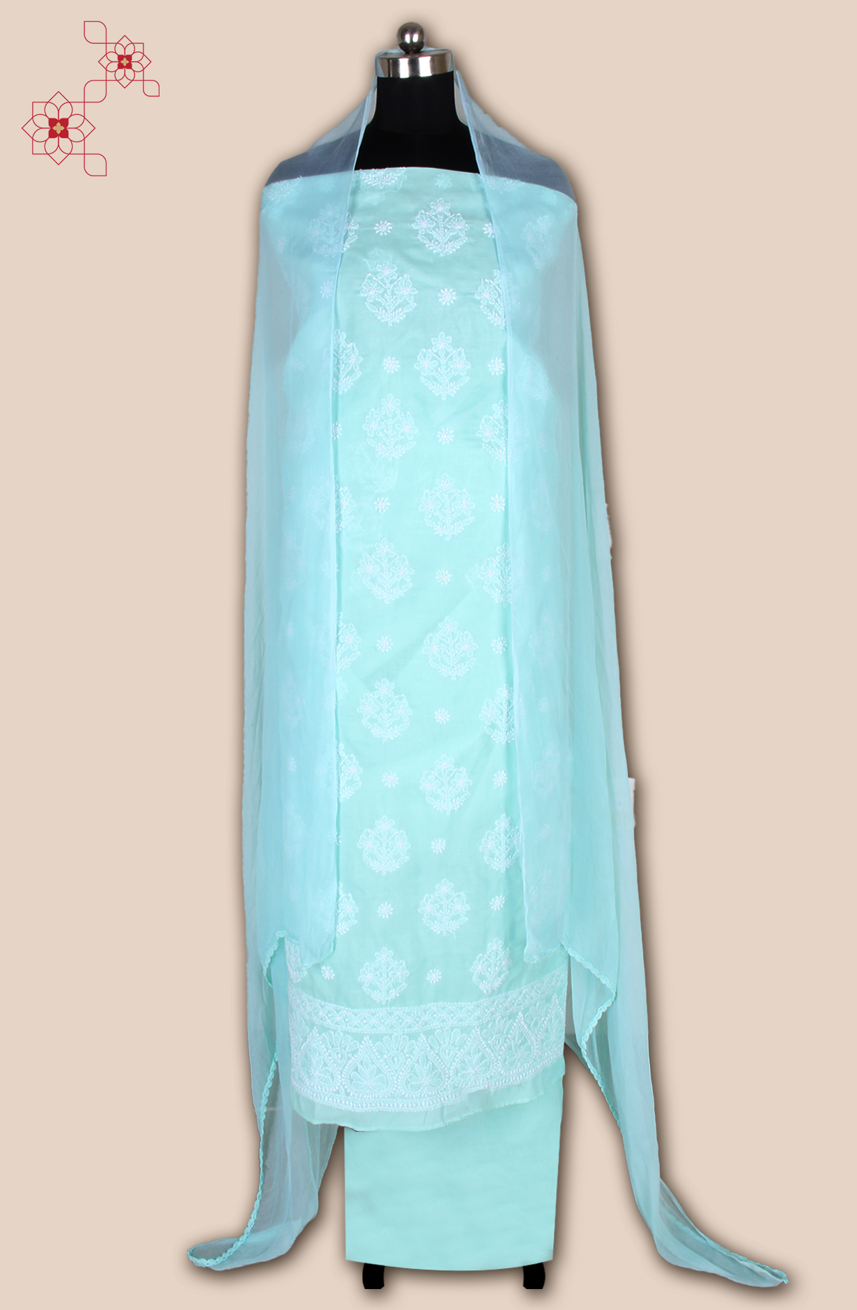 Sea Green Cotton Beautiful Chikankari Embroidered Suit with Chiffon Dupatta - EMBCOT1046D