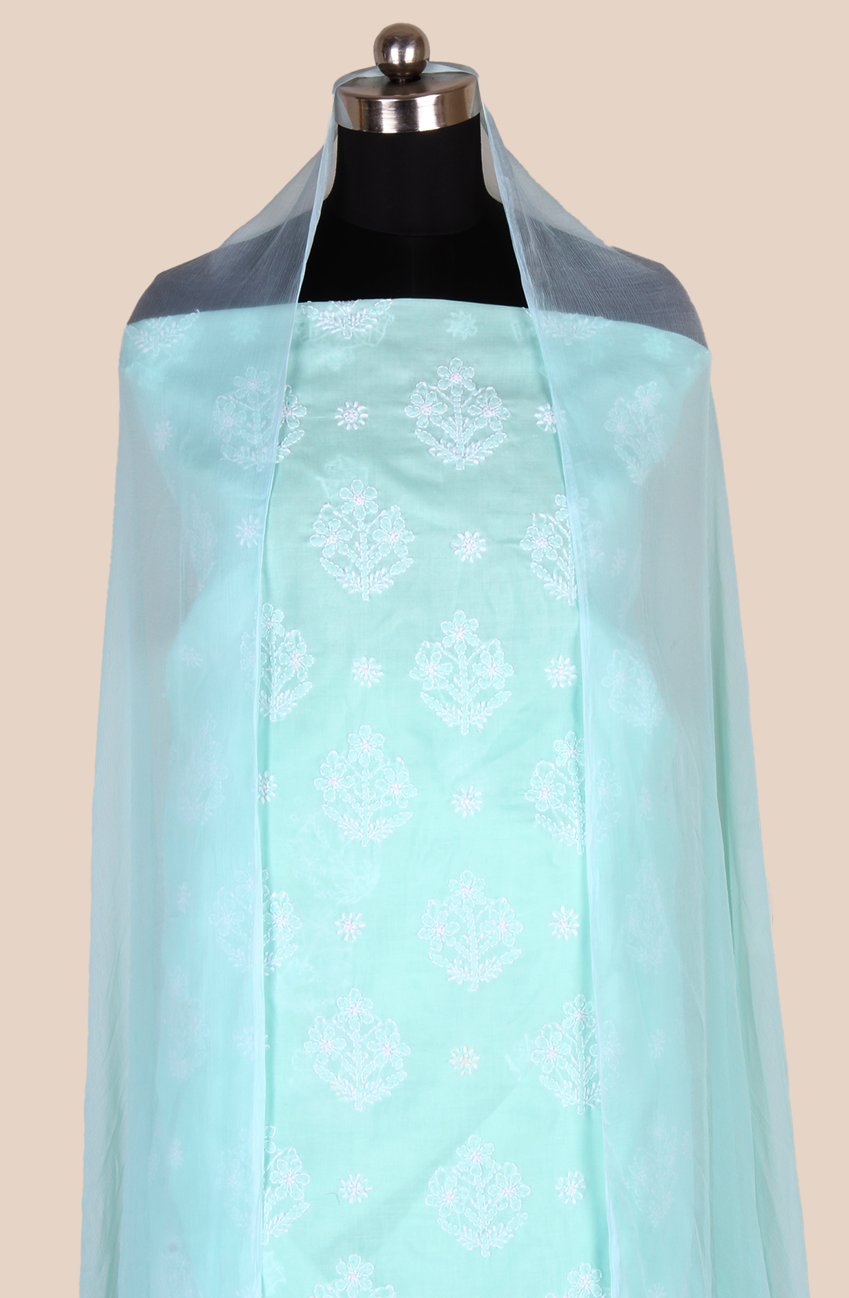 Sea Green Cotton Beautiful Chikankari Embroidered Suit with Chiffon Dupatta - EMBCOT1046D