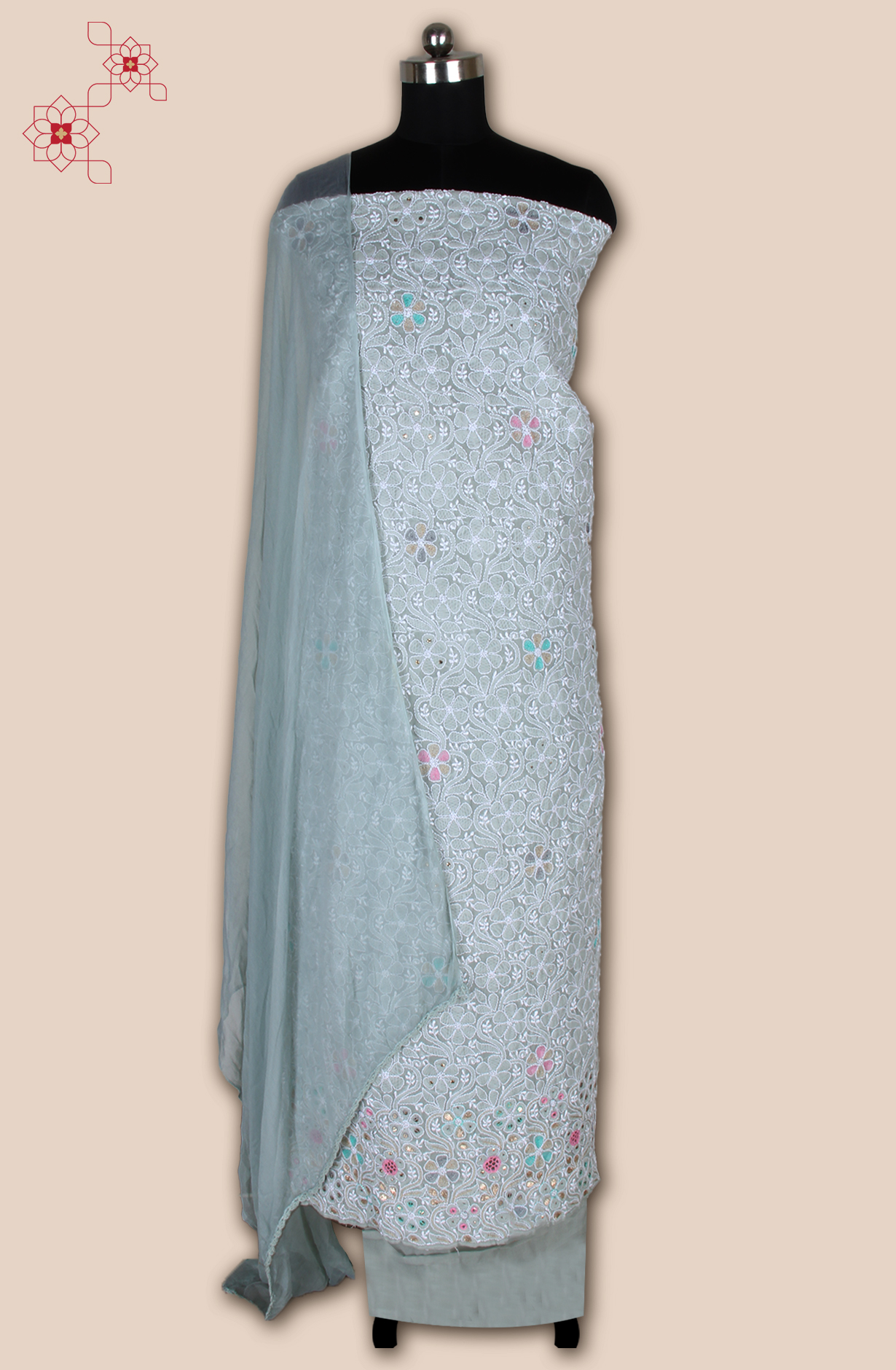 Grey Pure Cotton Beautiful Chikankari Embroidered Suit with Chiffon Dupatta - EMBCOT1047-1B