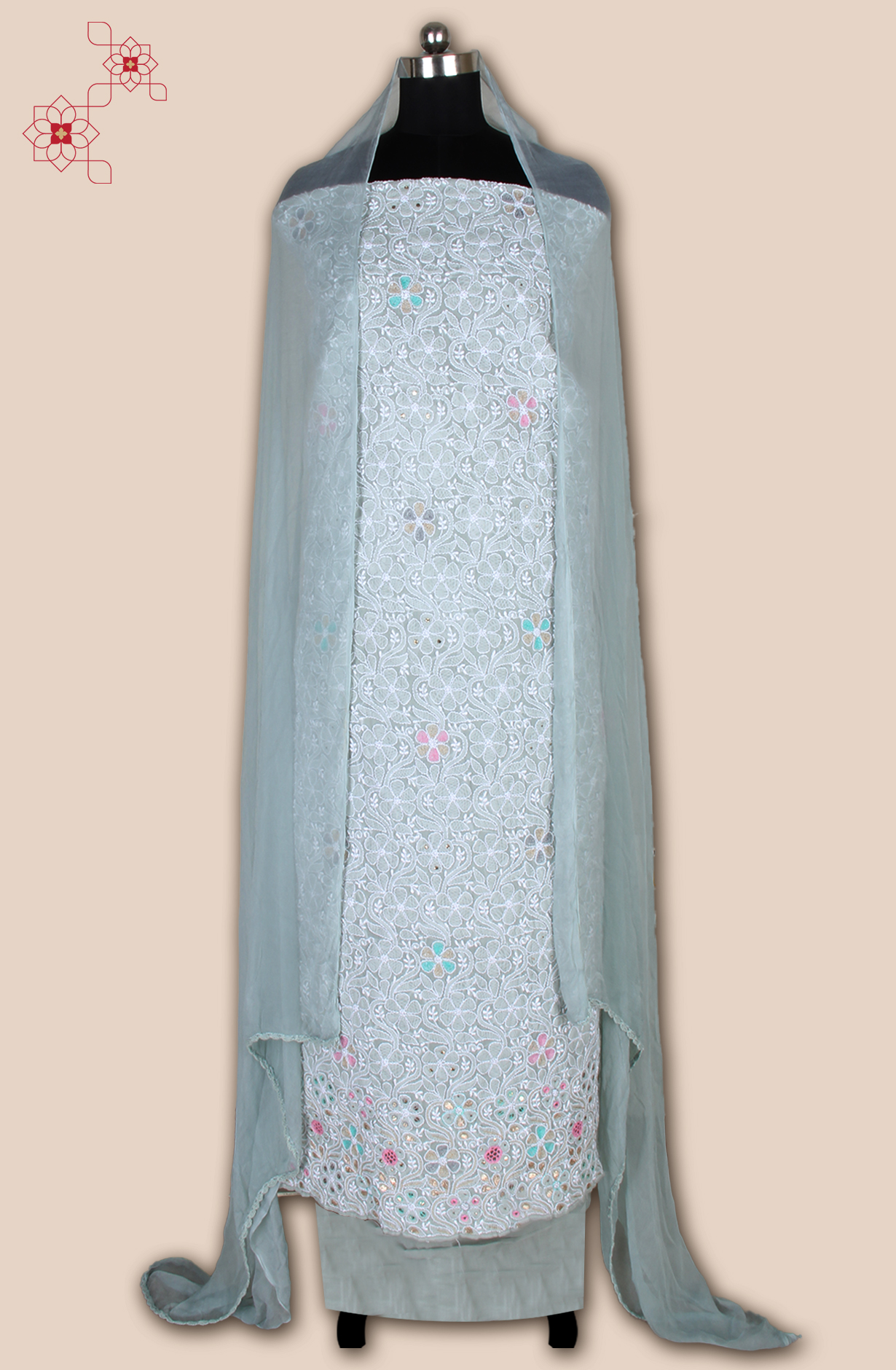 Grey Pure Cotton Beautiful Chikankari Embroidered Suit with Chiffon Dupatta - EMBCOT1047-1B