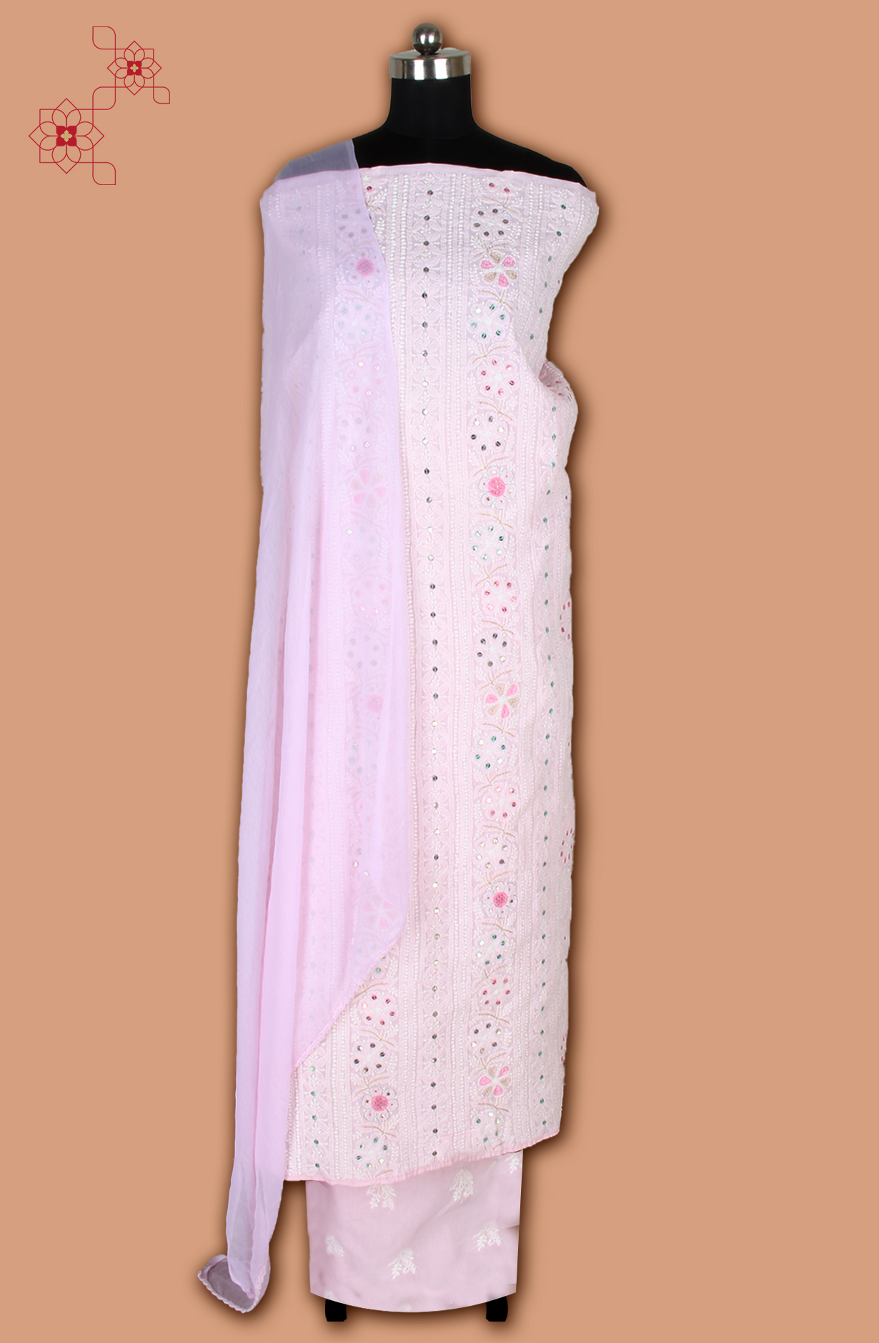Baby Pink Pure Cotton Beautiful Chikankari Embroidered Suit with Chiffon Dupatta - EMBCOT1047-2C