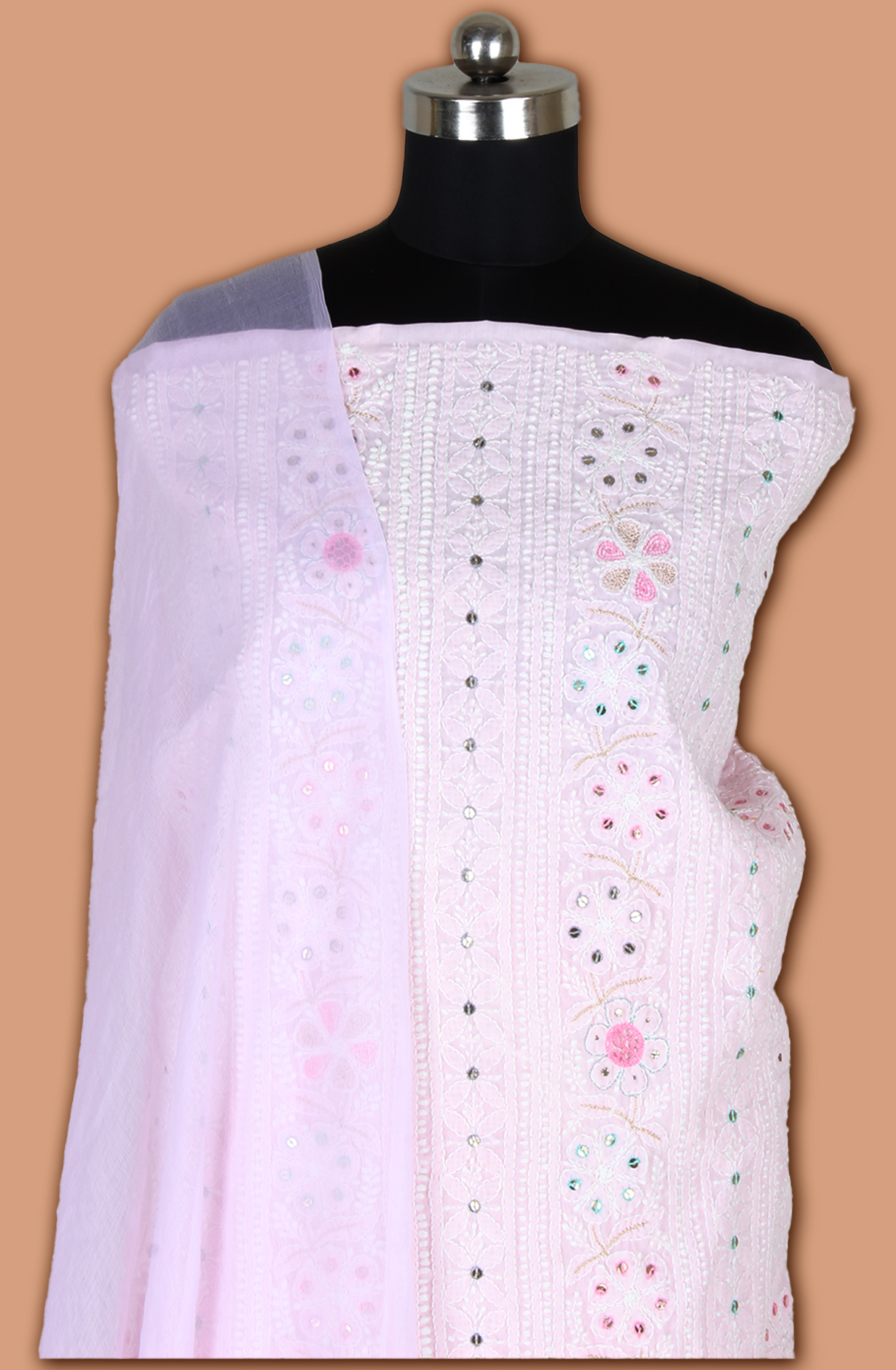 Baby Pink Pure Cotton Beautiful Chikankari Embroidered Suit with Chiffon Dupatta - EMBCOT1047-2C
