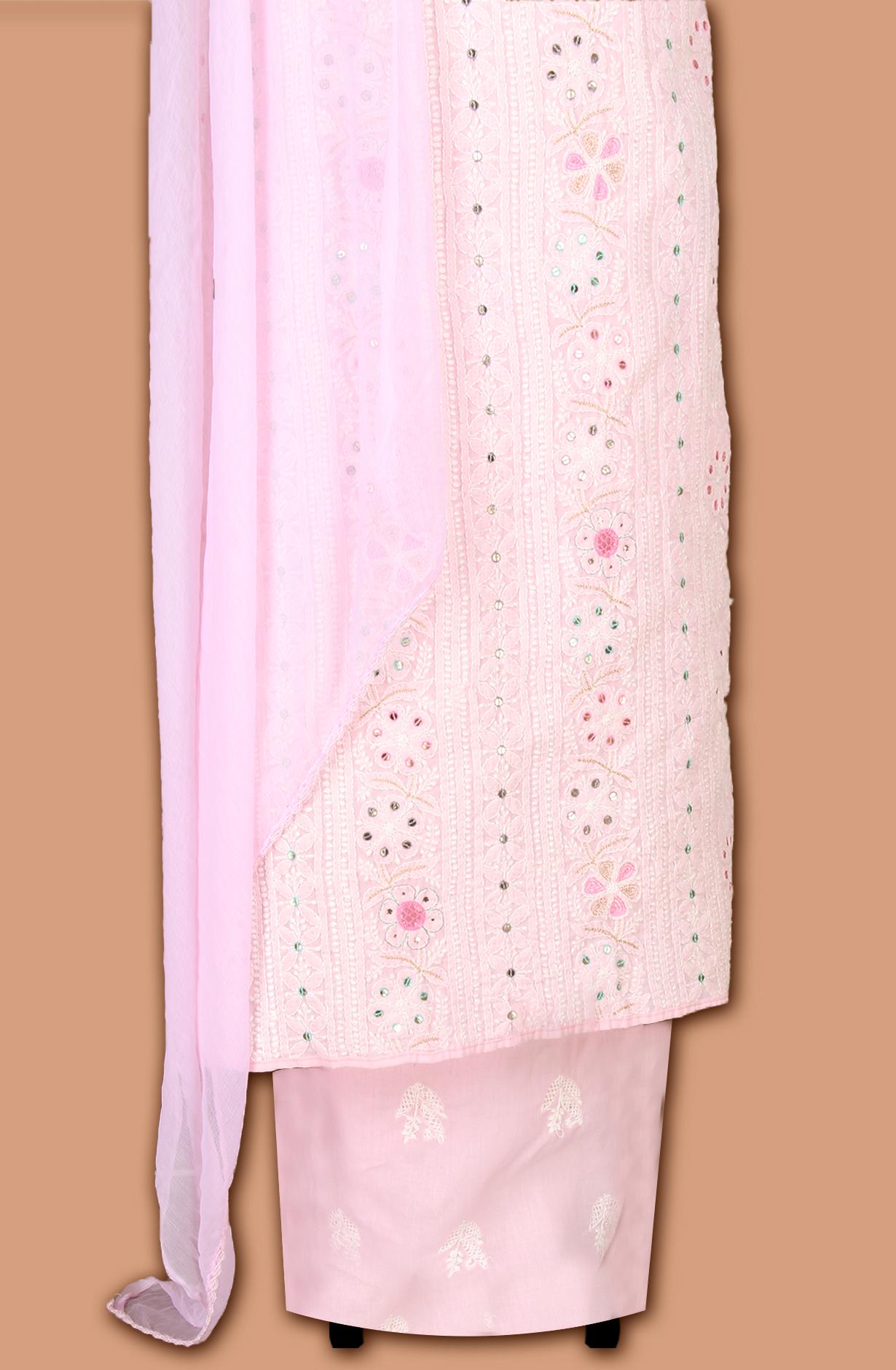 Baby Pink Pure Cotton Beautiful Chikankari Embroidered Suit with Chiffon Dupatta - EMBCOT1047-2C