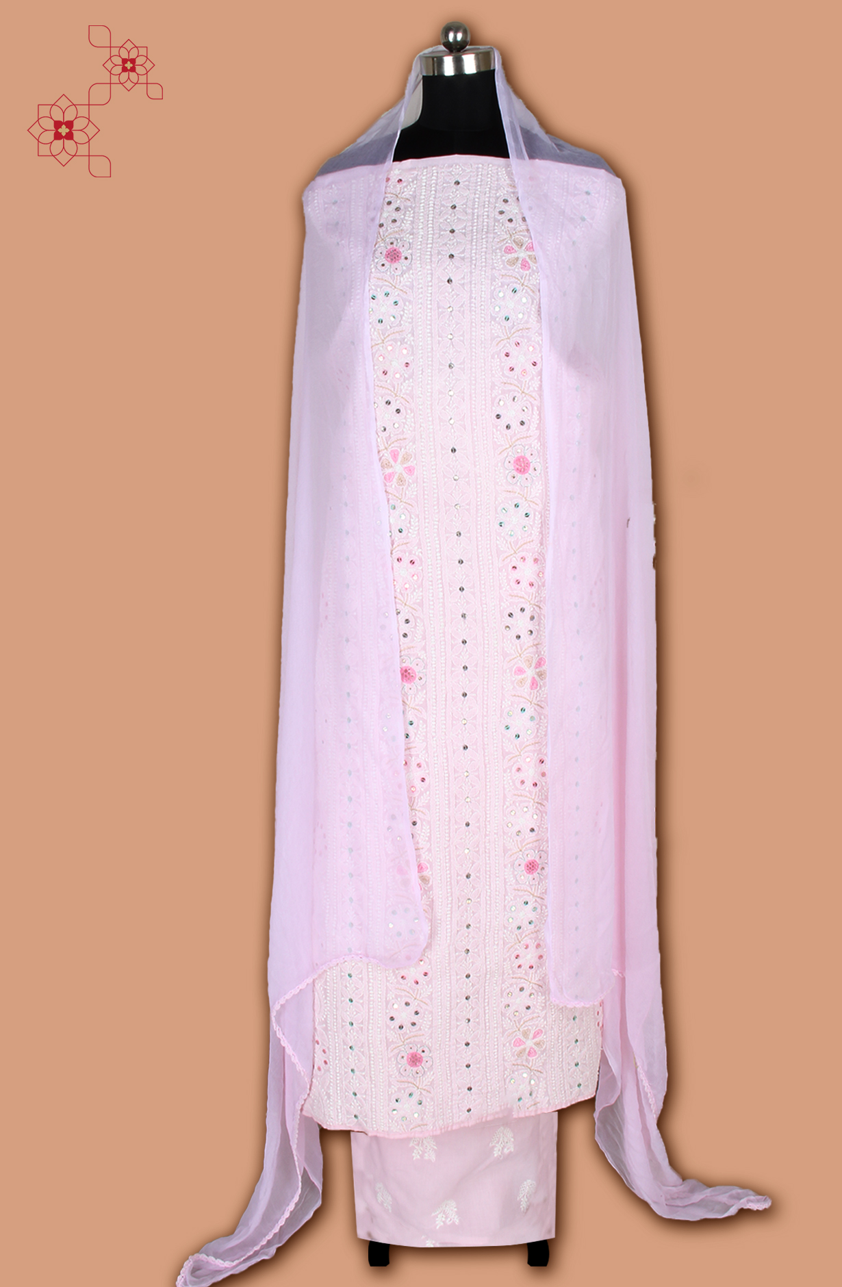 Baby Pink Pure Cotton Beautiful Chikankari Embroidered Suit with Chiffon Dupatta - EMBCOT1047-2C