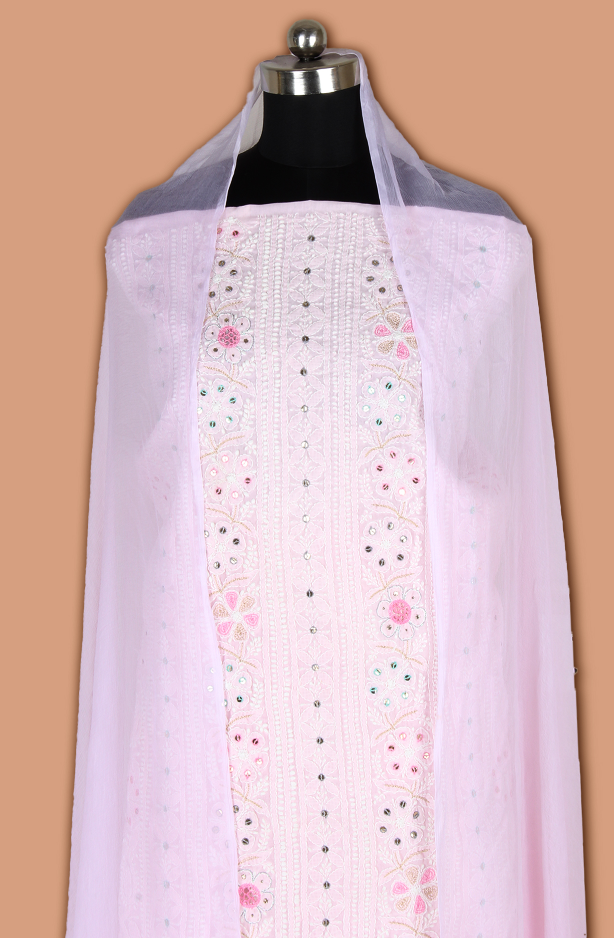 Baby Pink Pure Cotton Beautiful Chikankari Embroidered Suit with Chiffon Dupatta - EMBCOT1047-2C